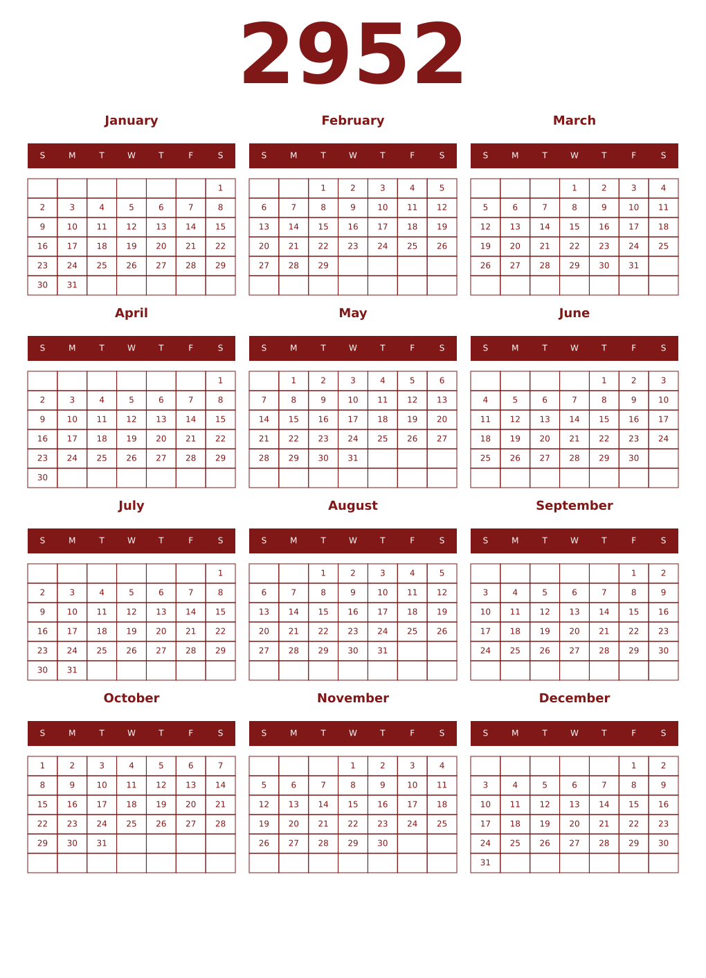 Printable 2952 Year Calendars falu