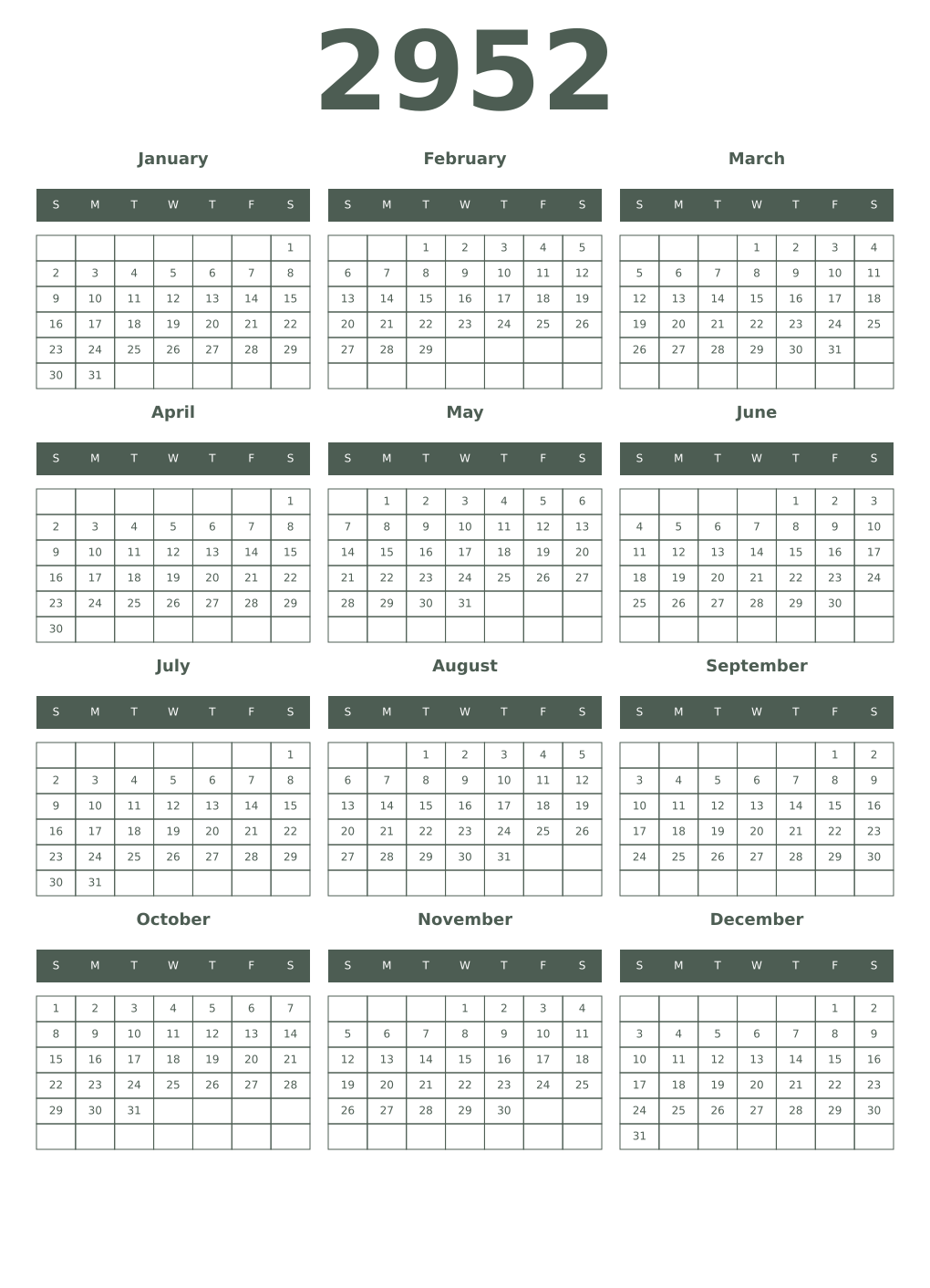 Printable 2952 Year Calendars feldgrau