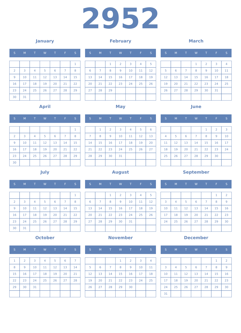 Printable 2952 Year Calendars glaucous