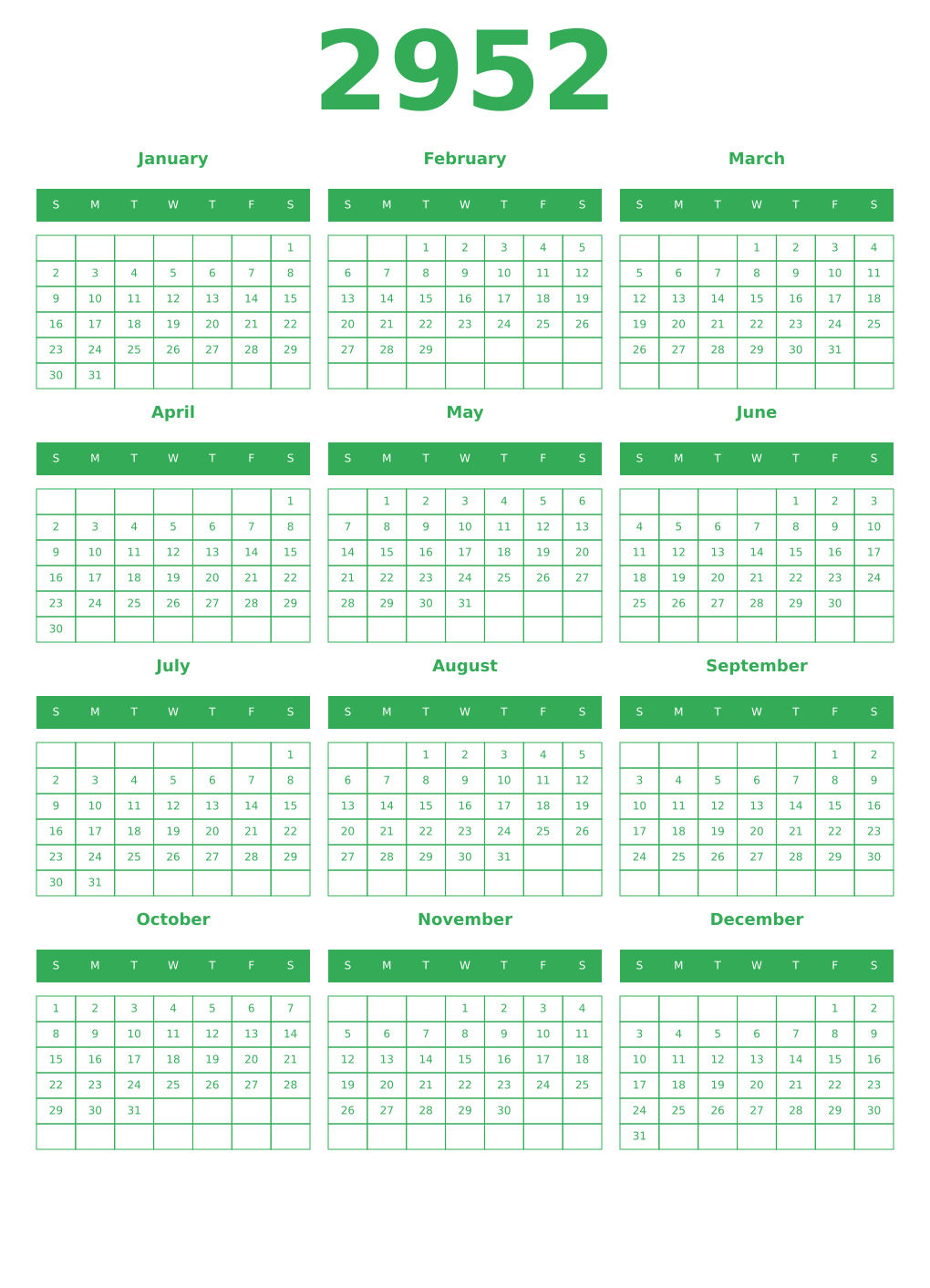 Printable 2952 Year Calendars green
