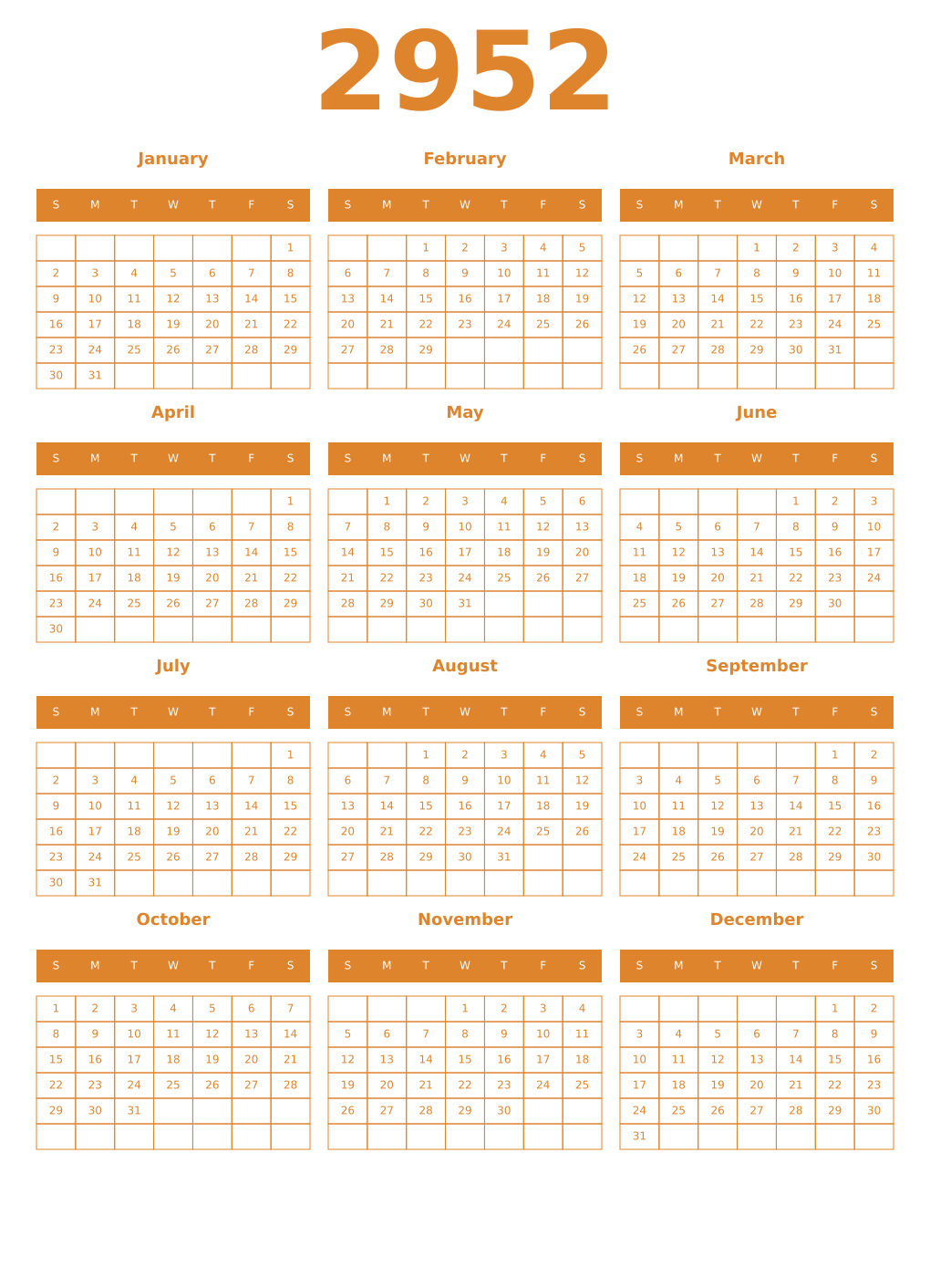 Printable 2952 Year Calendars orange