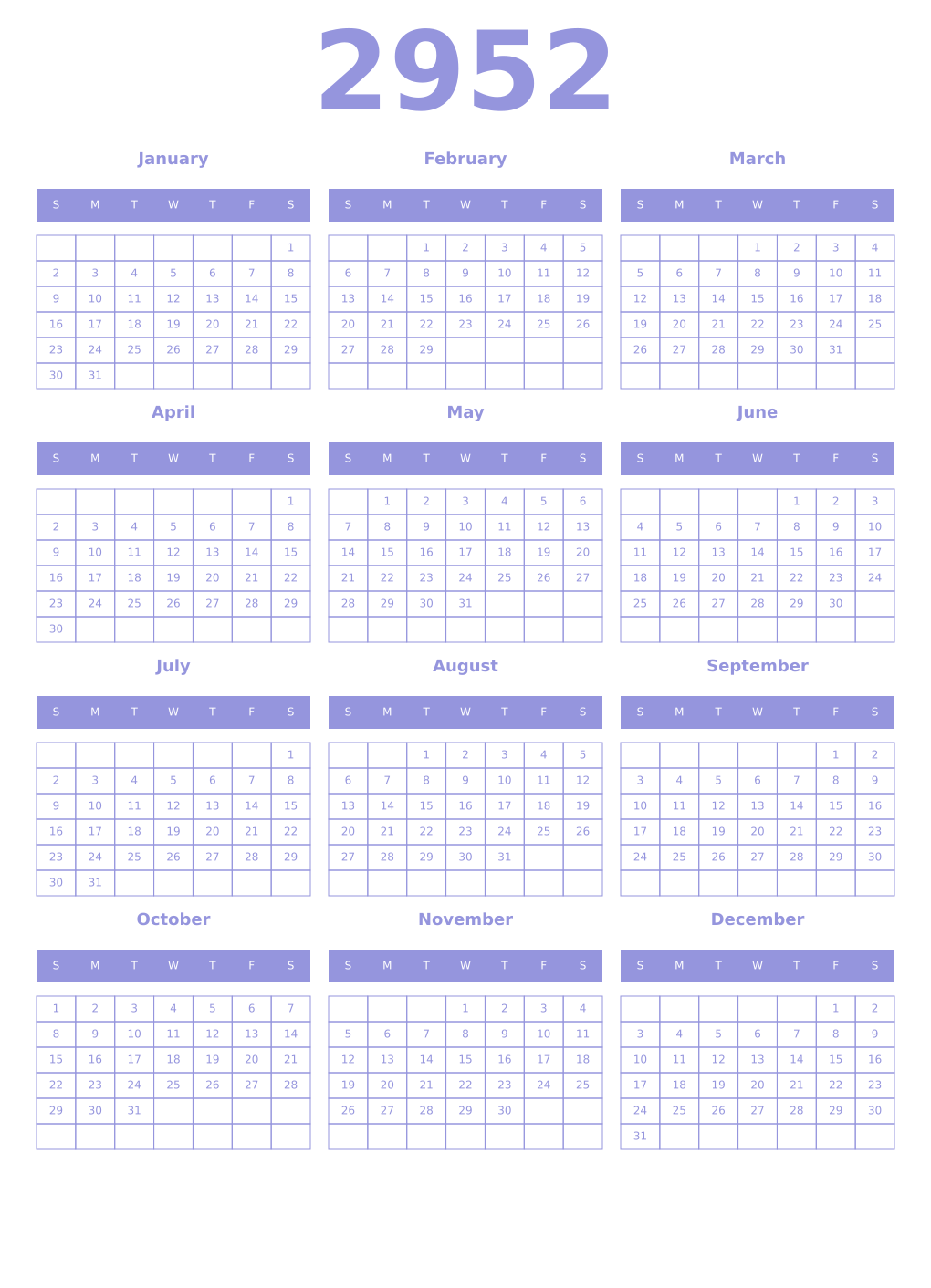 Printable 2952 Year Calendars periwinkle