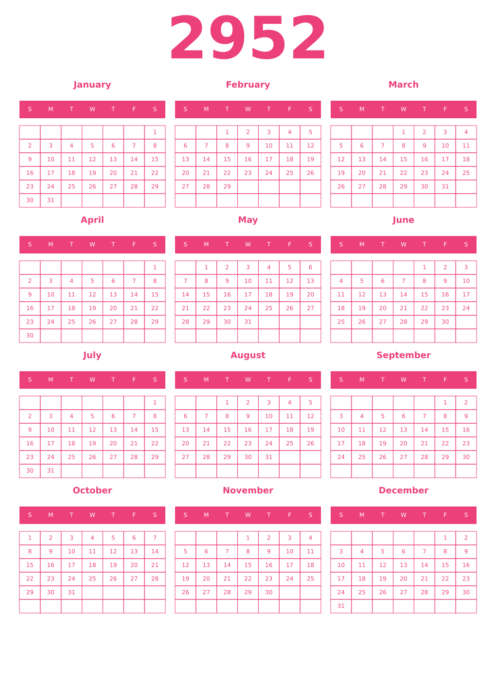 Printable 2952 Year Calendars pink