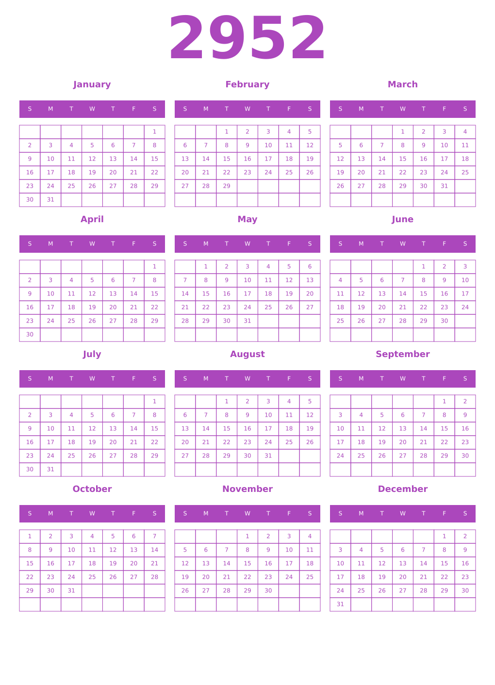 Printable 2952 Year Calendars purple