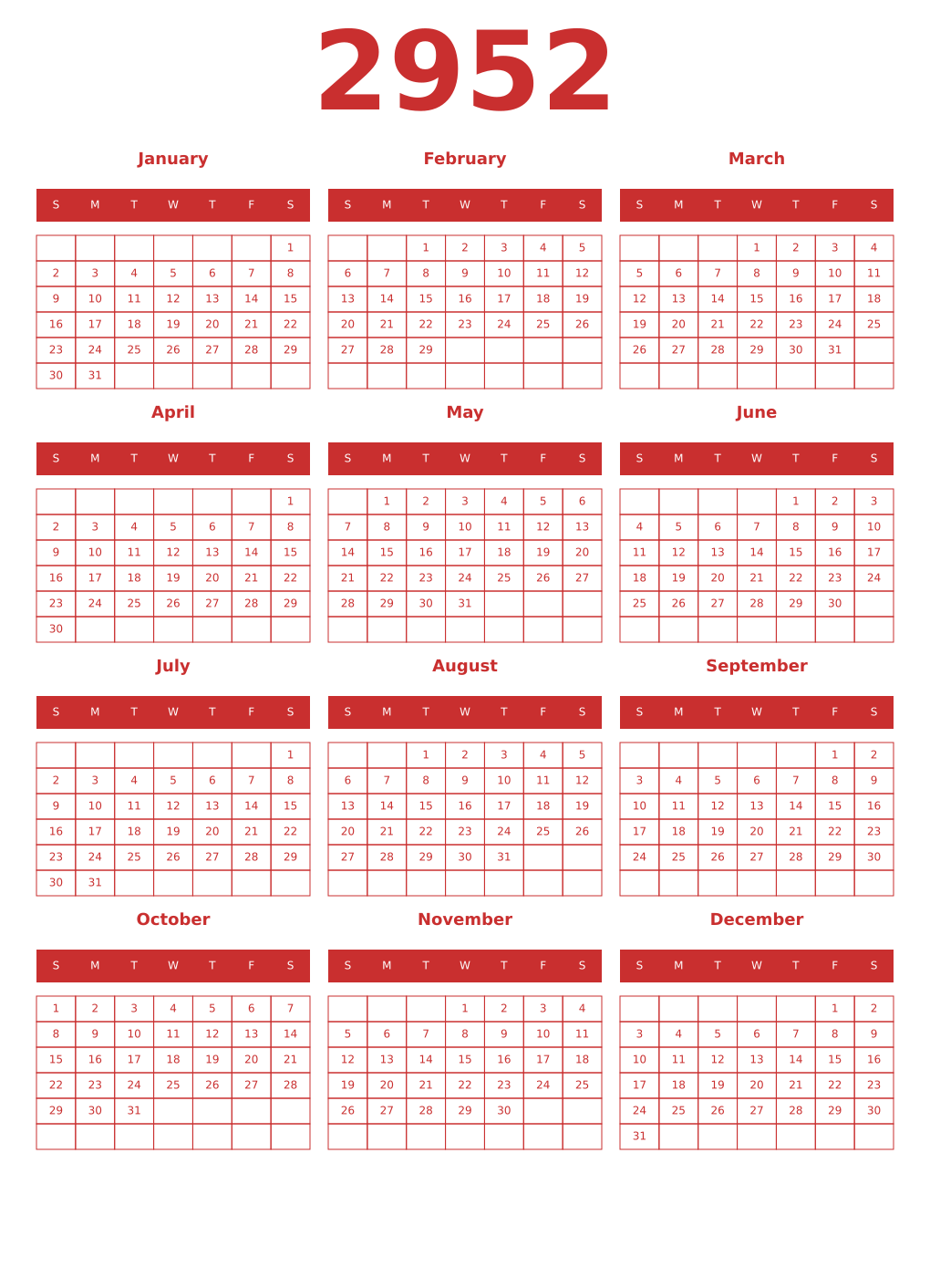 Printable 2952 Year Calendars red