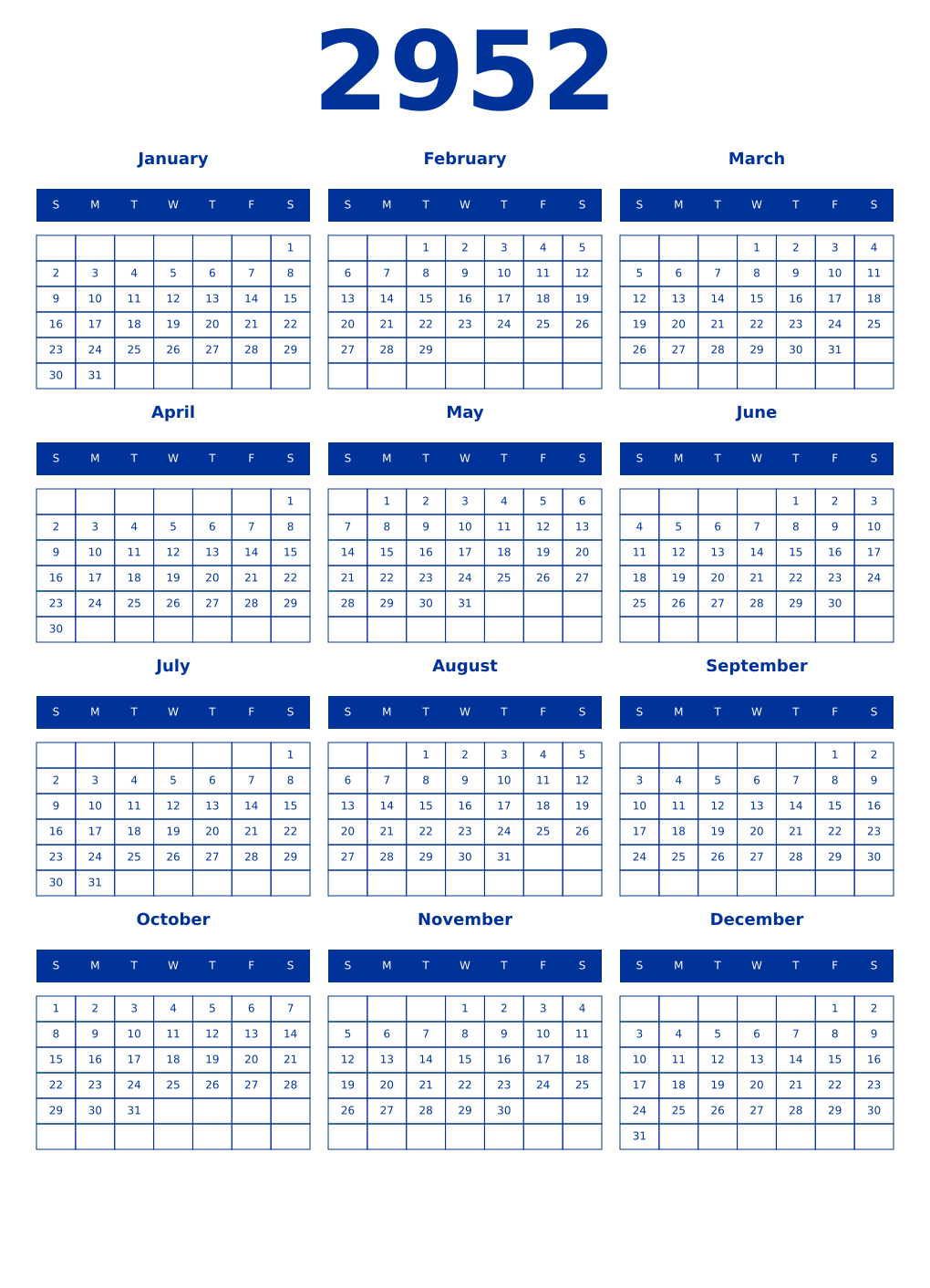 Printable 2952 Year Calendars smalt