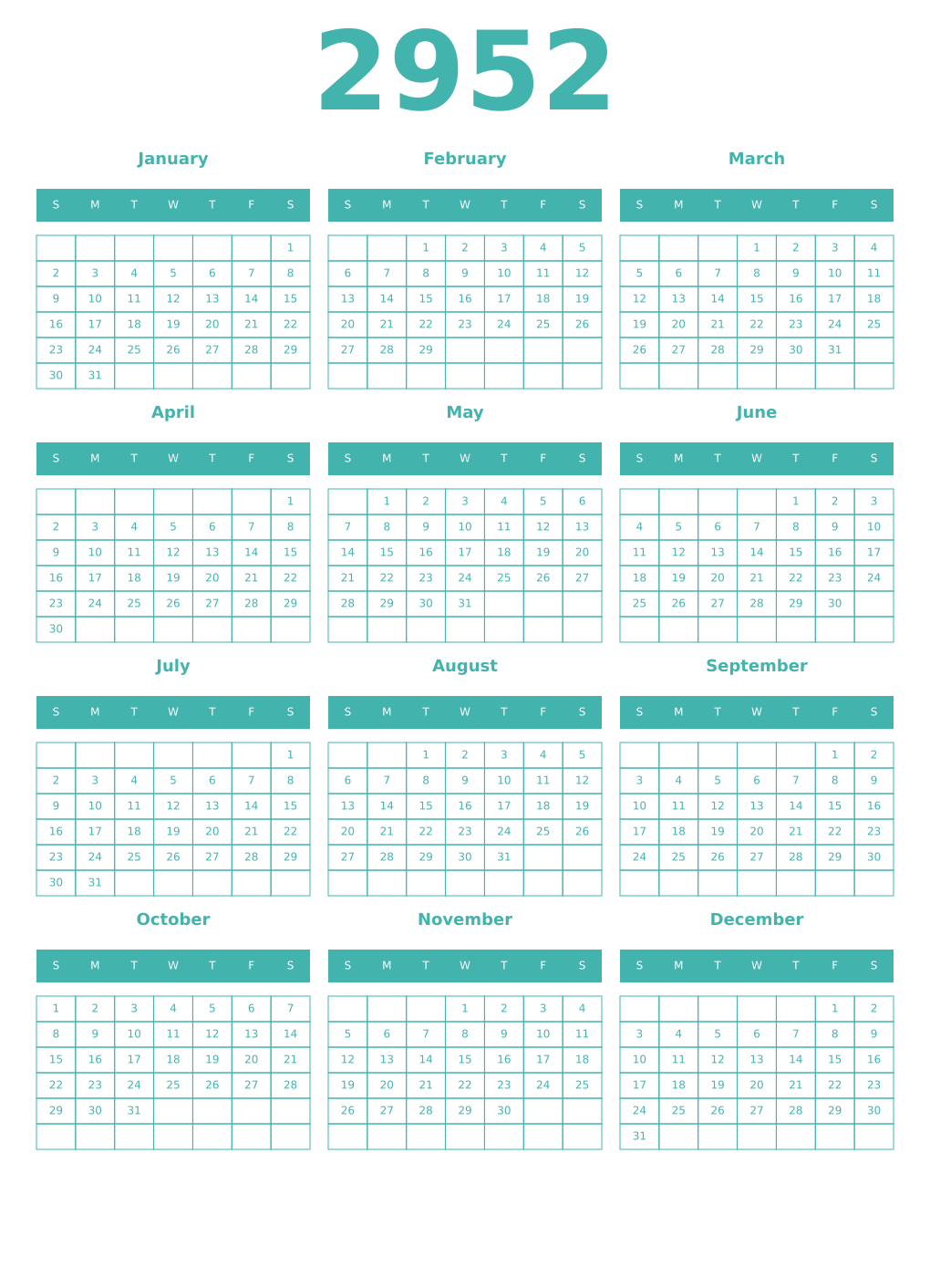 Printable 2952 Year Calendars verdigris