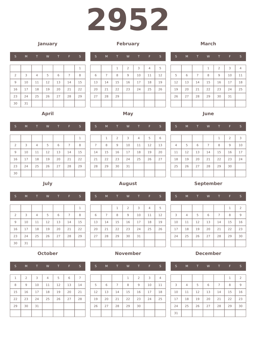 Printable 2952 Year Calendars wenge