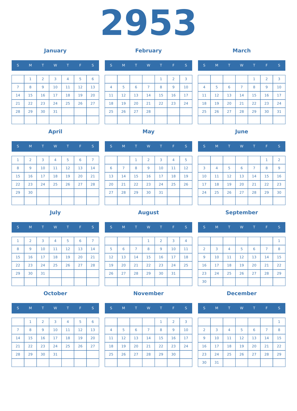Printable 2953 Year Calendars blue