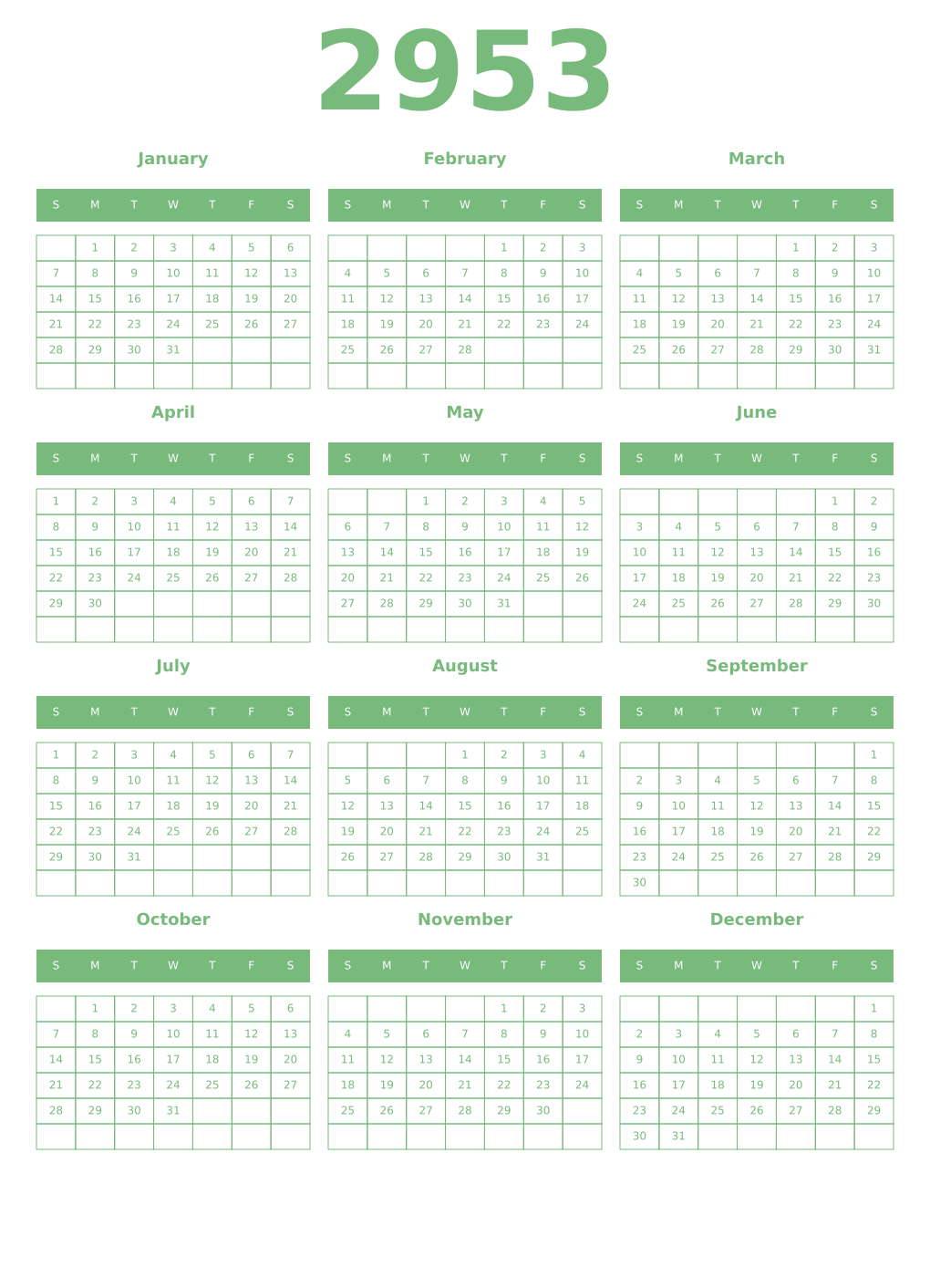 Printable 2953 Year Calendars celadon