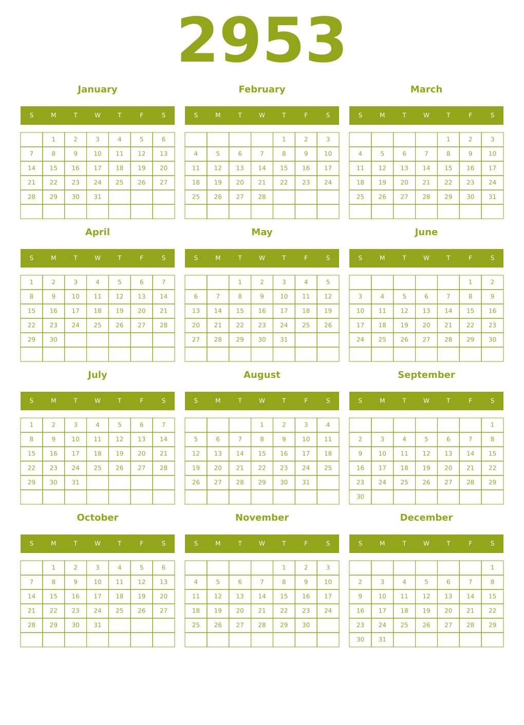 Printable 2953 Year Calendars chartreuse