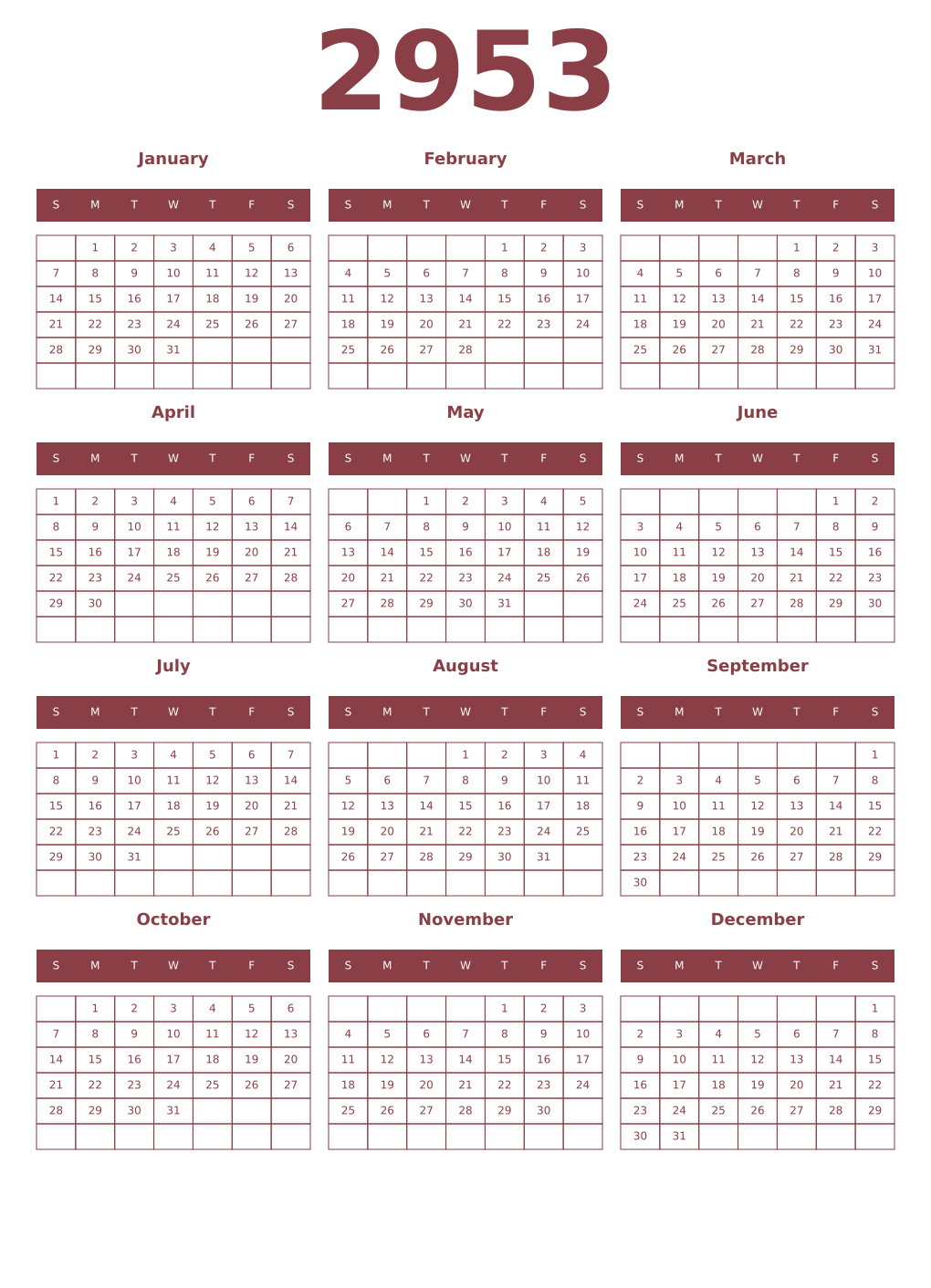 Printable 2953 Year Calendars cordovan