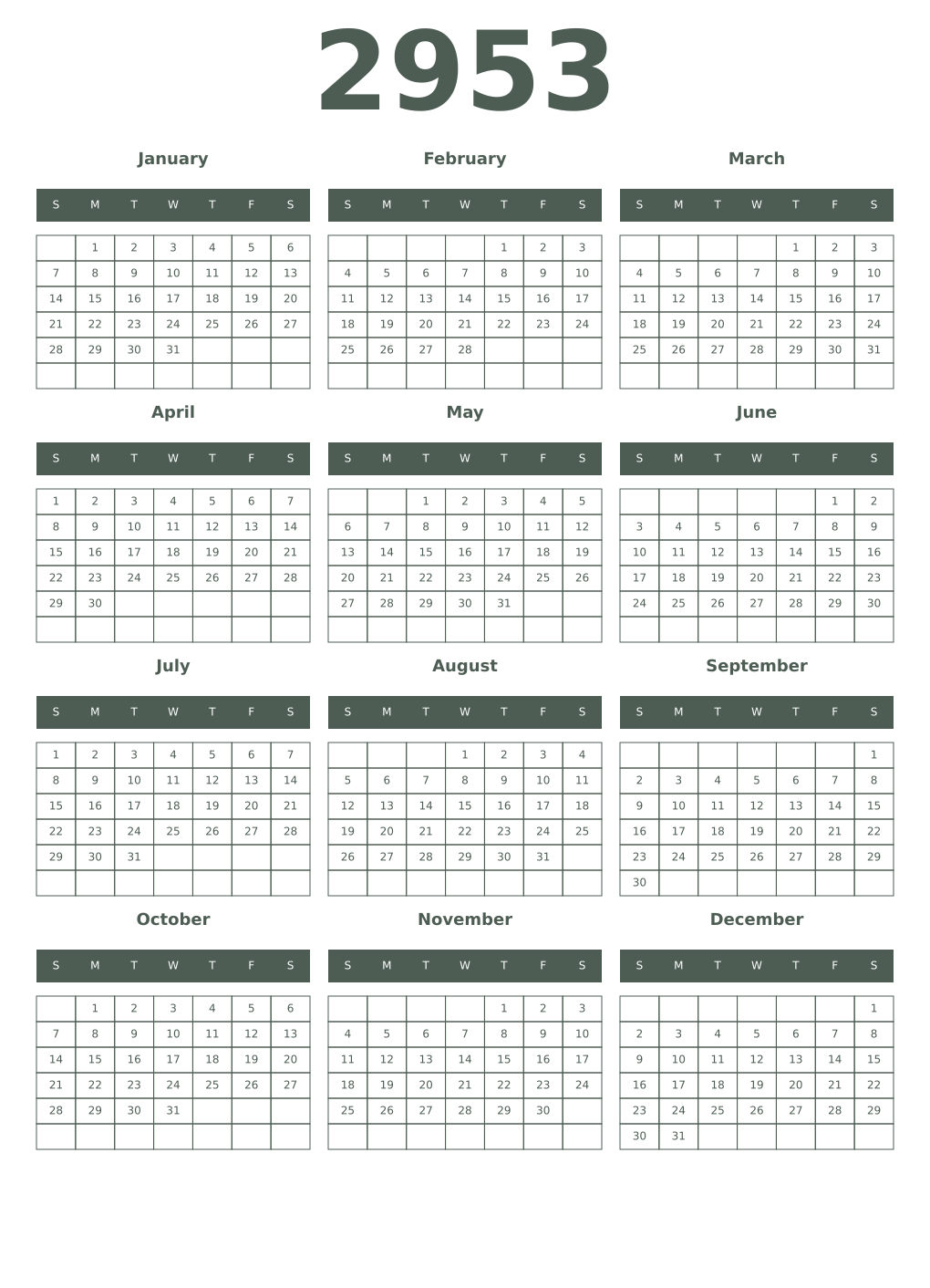 Printable 2953 Year Calendars feldgrau
