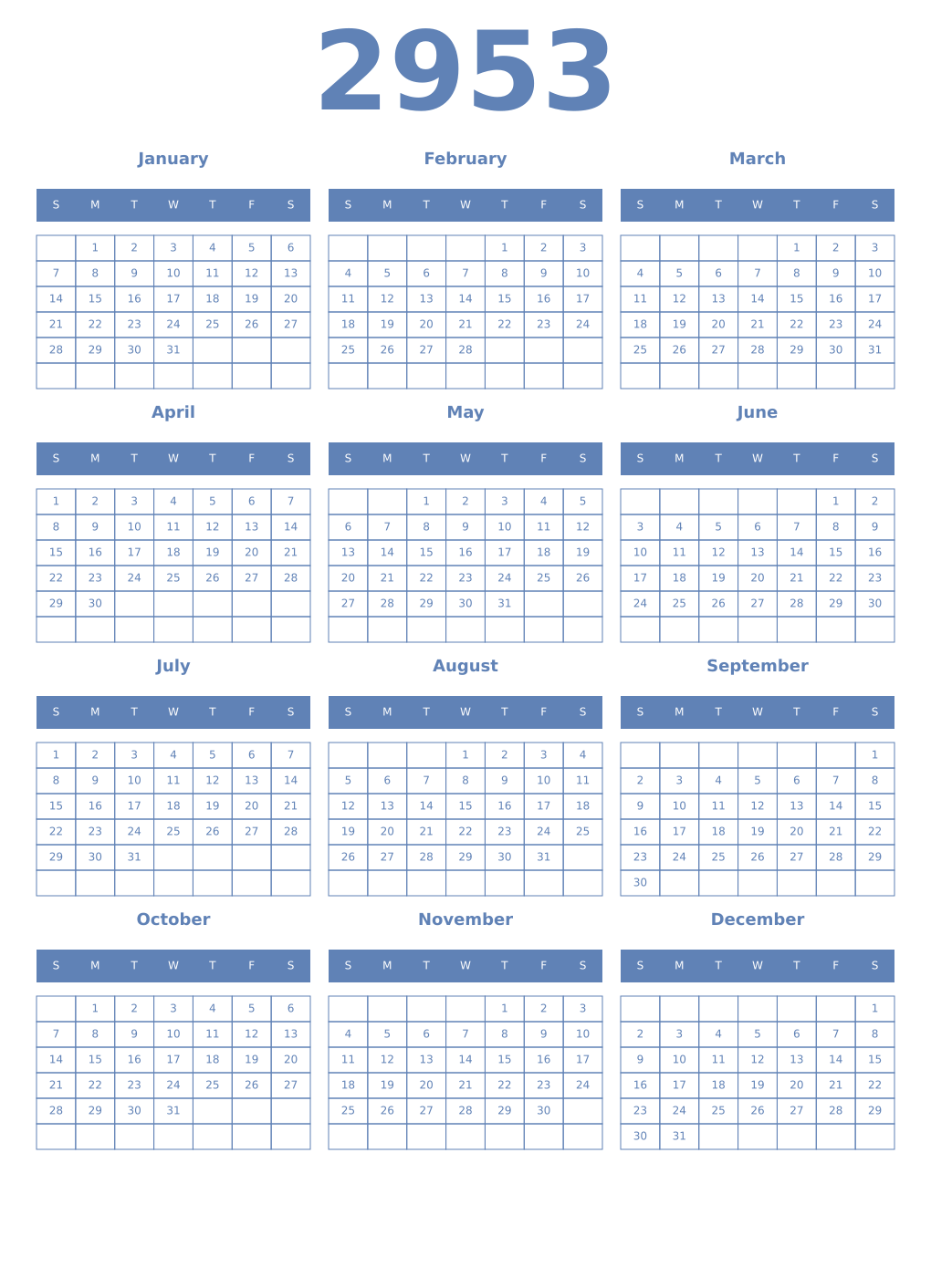 Printable 2953 Year Calendars glaucous