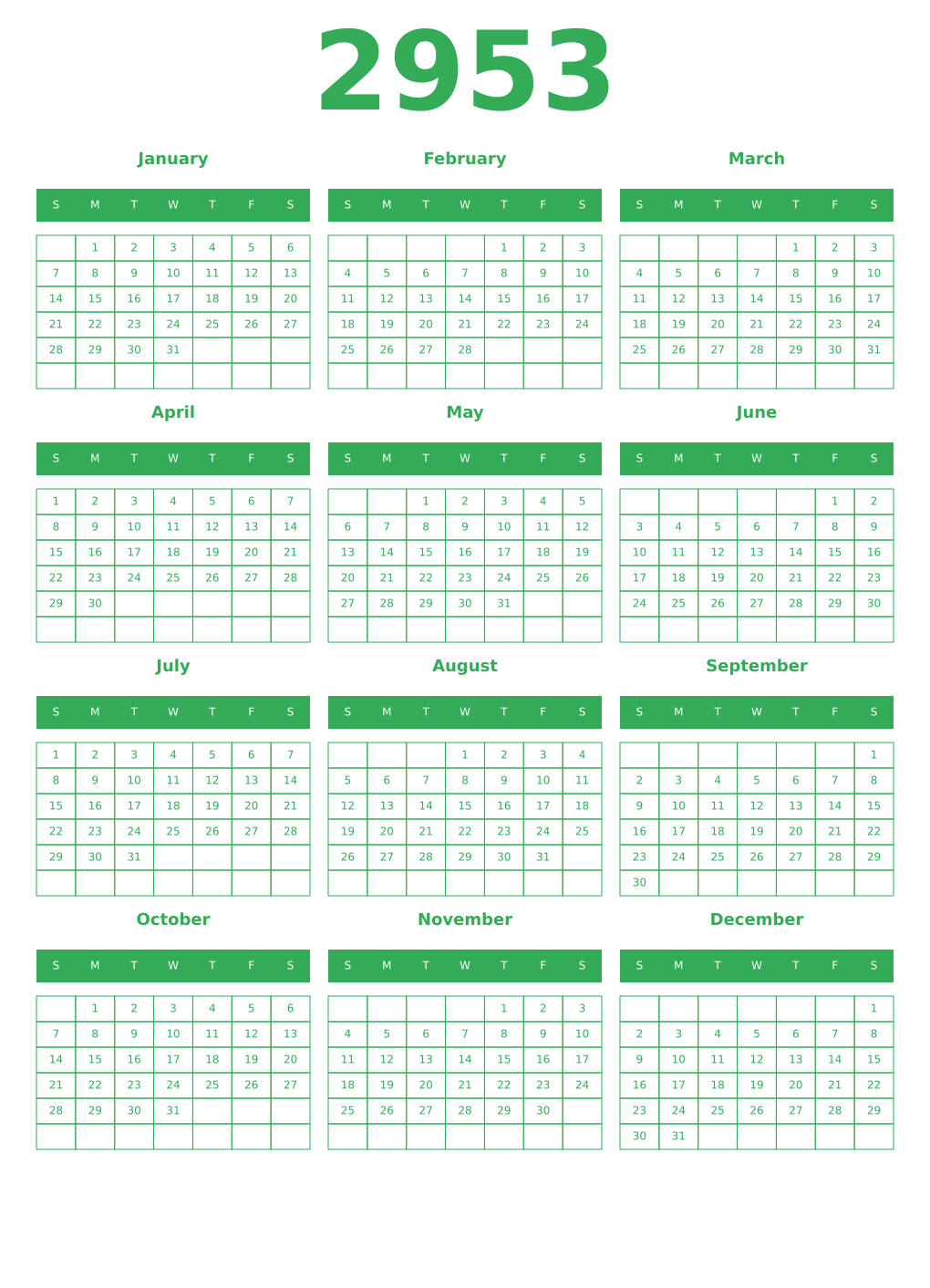 Printable 2953 Year Calendars green