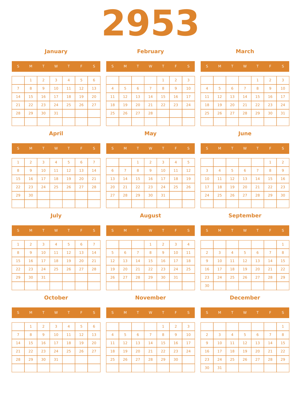 Printable 2953 Year Calendars orange