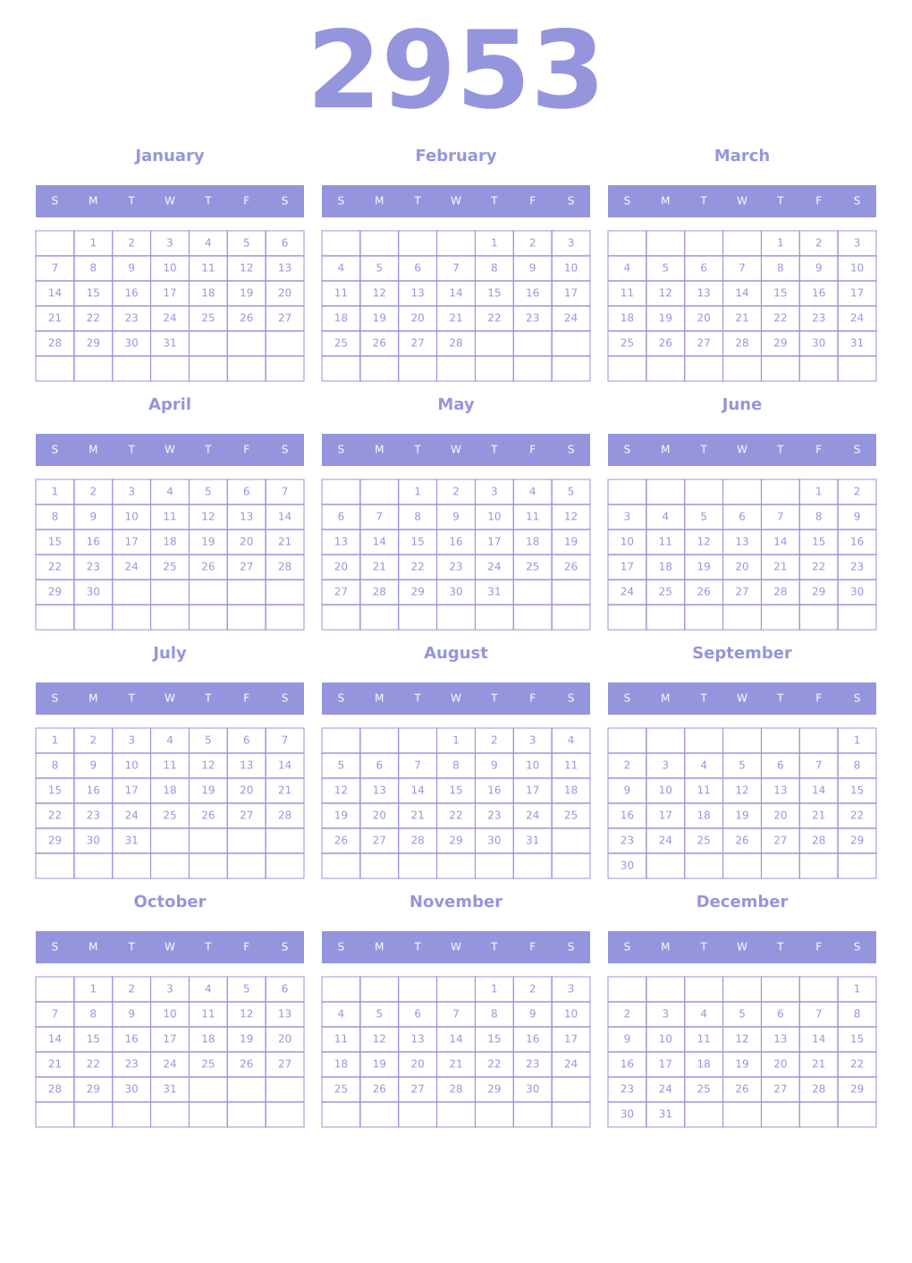 Printable 2953 Year Calendars periwinkle