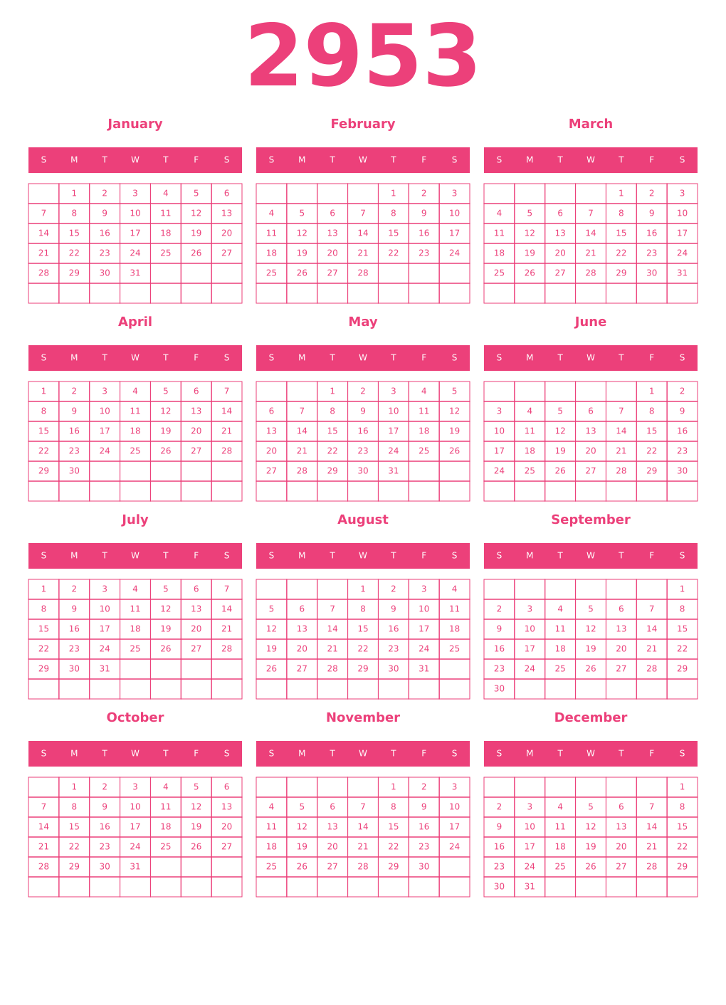 Printable 2953 Year Calendars pink