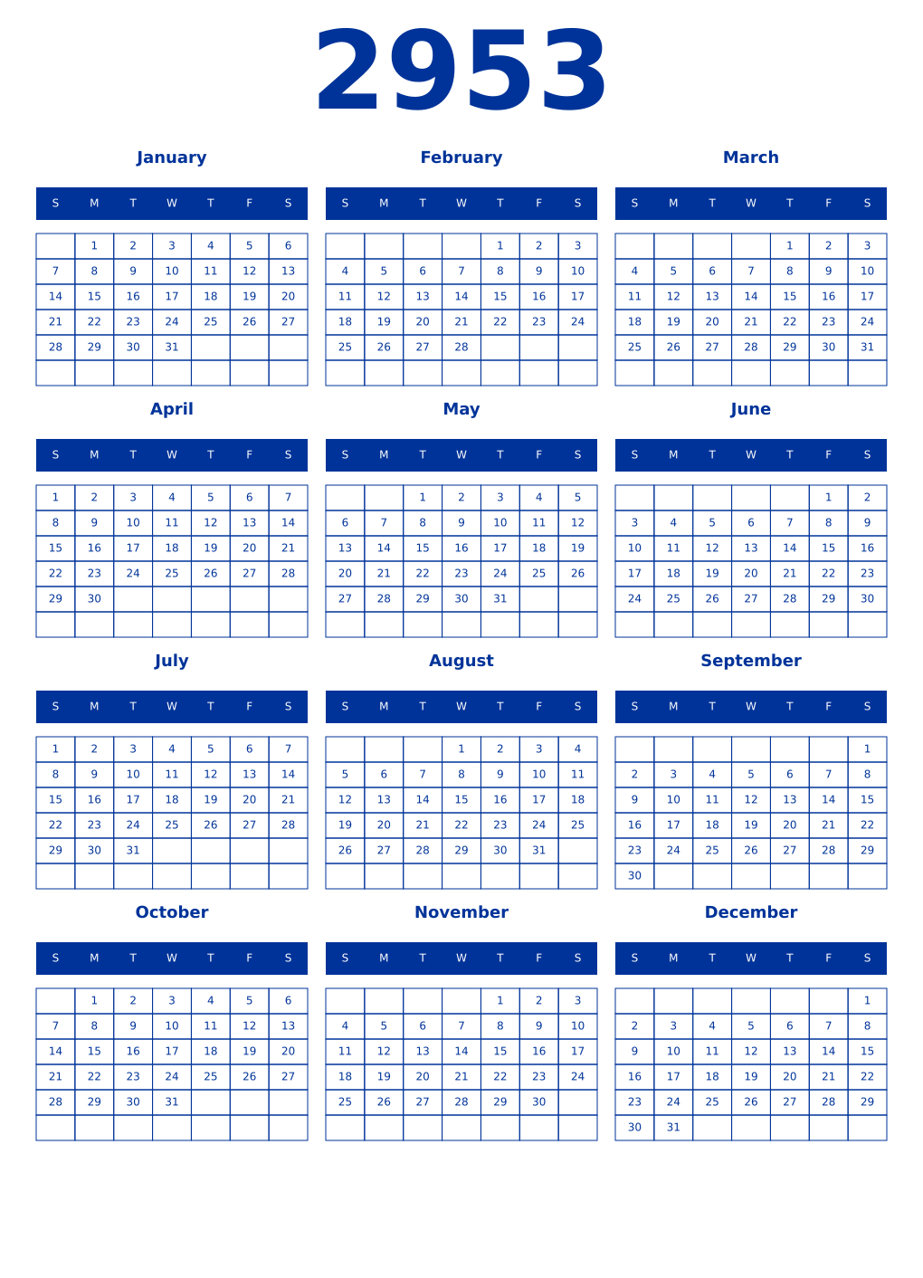 Printable 2953 Year Calendars smalt