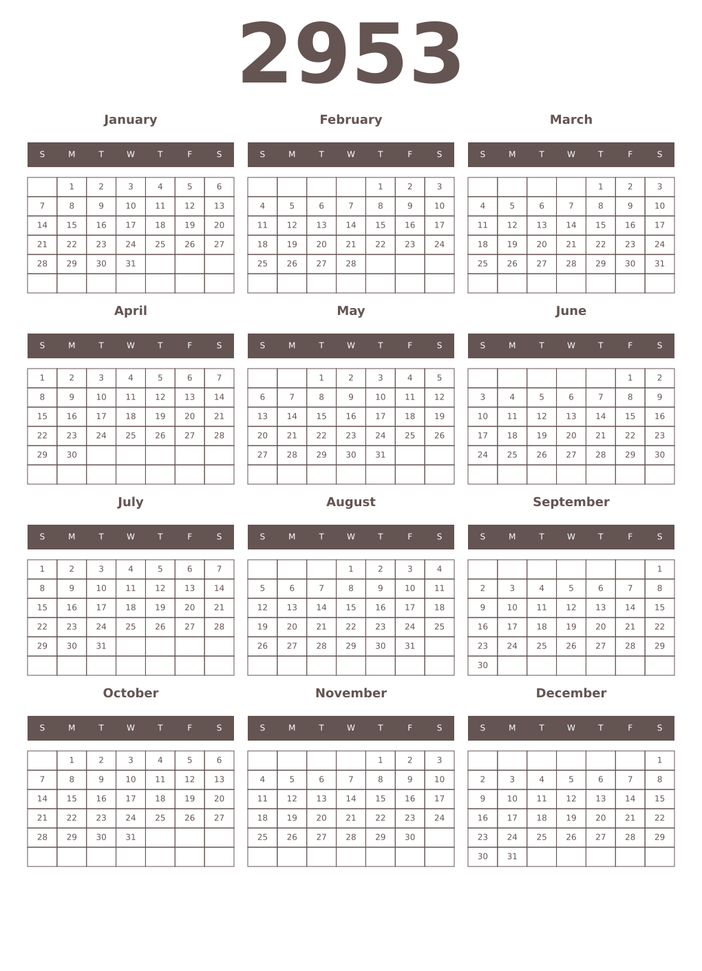 Printable 2953 Year Calendars wenge