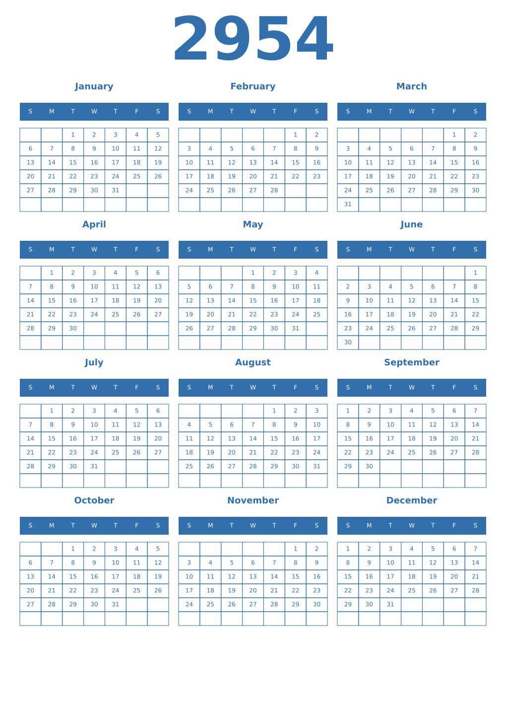 Printable 2954 Year Calendars blue