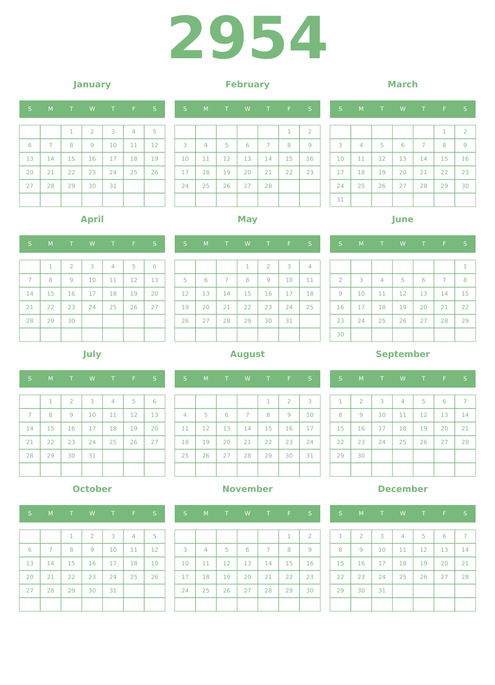 Printable 2954 Year Calendars celadon