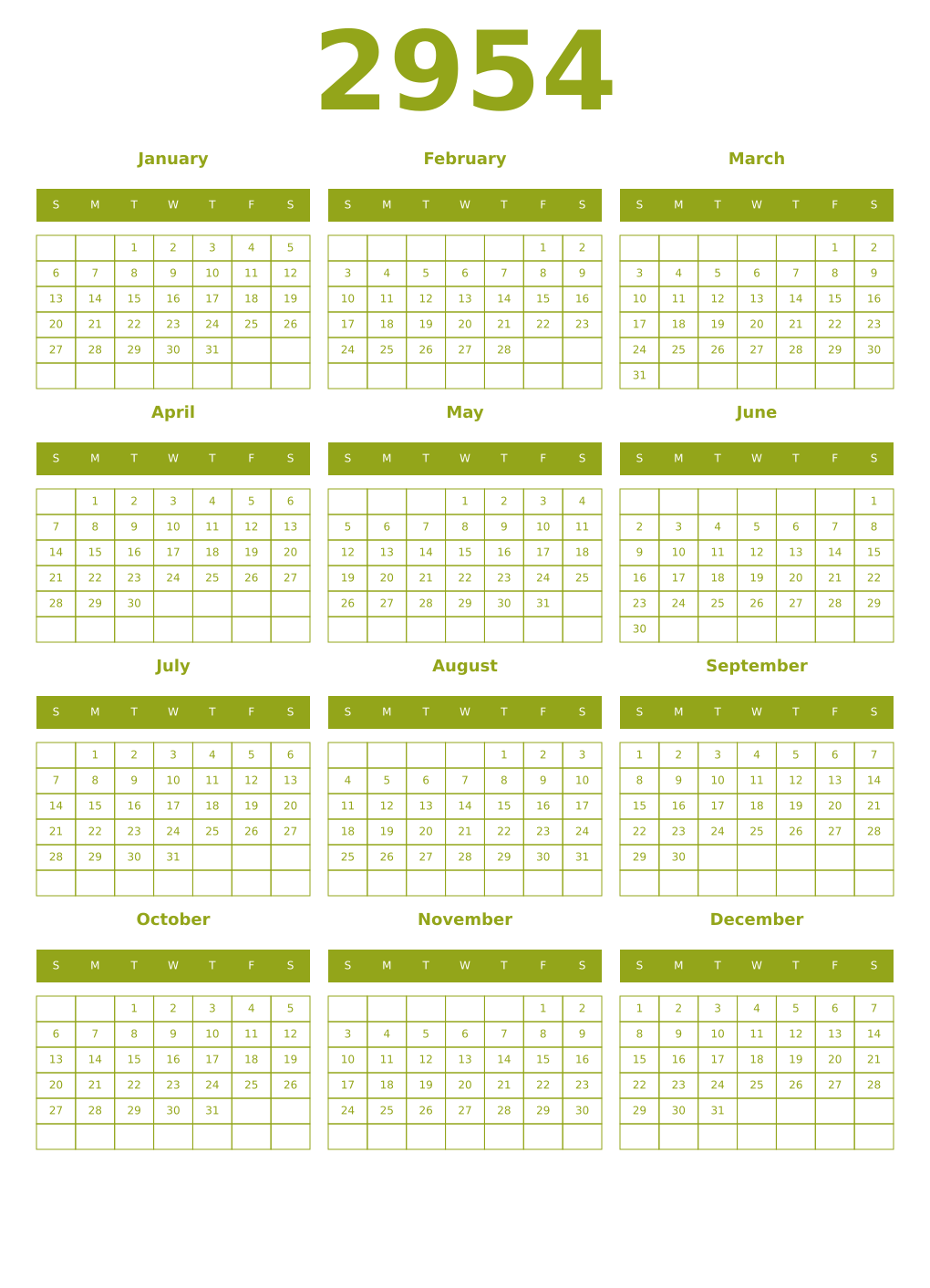 Printable 2954 Year Calendars chartreuse