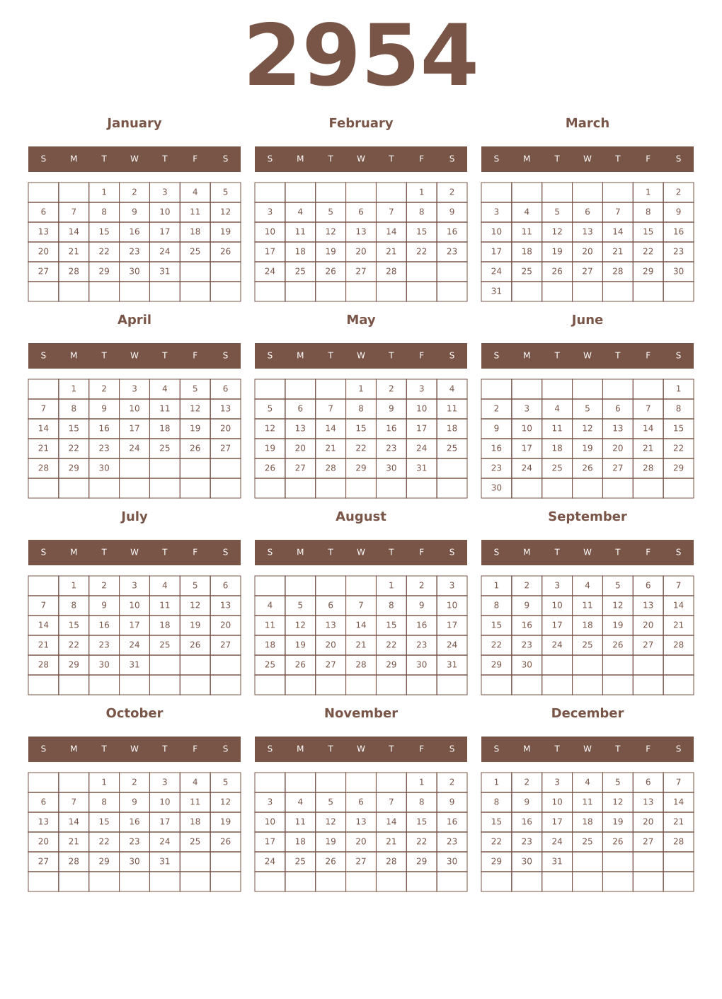 Printable 2954 Year Calendars coffe