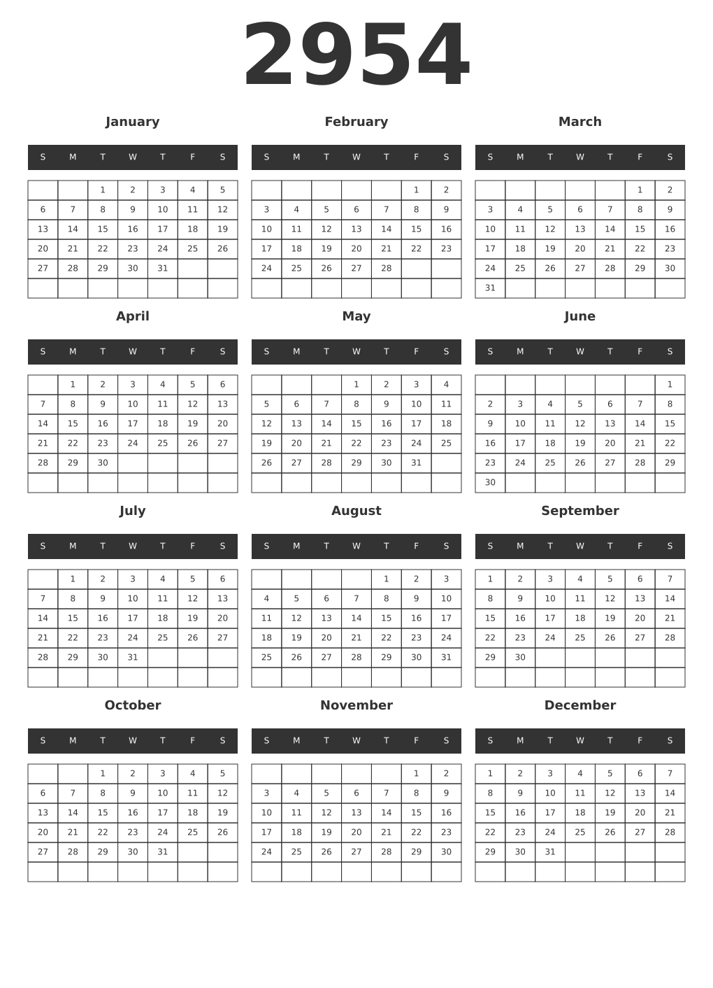Printable 2954 Year Calendars dark