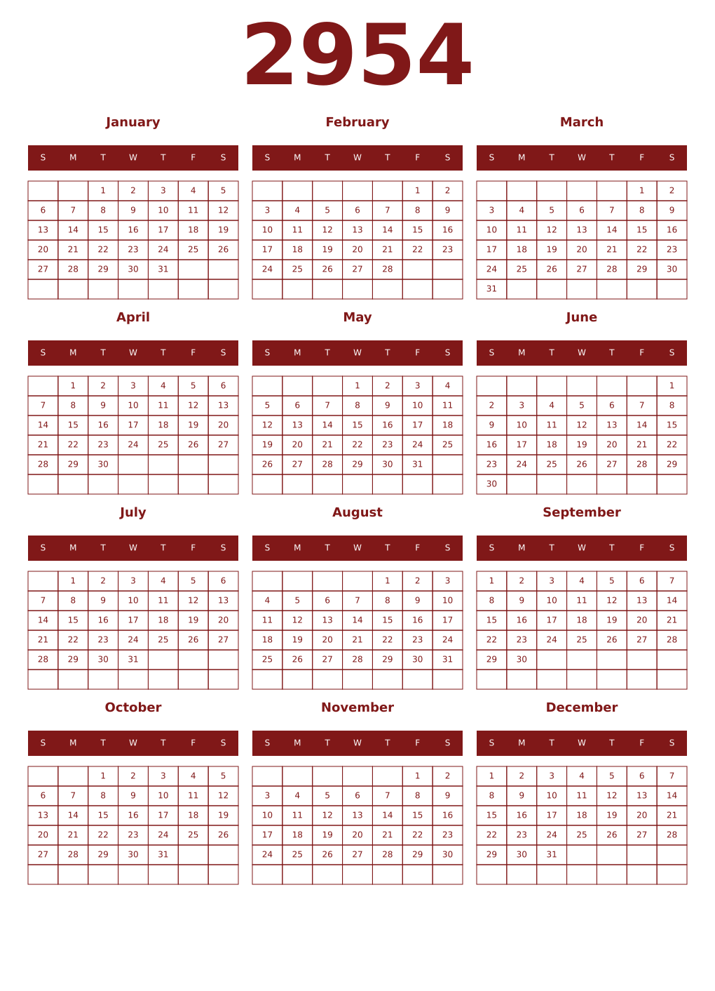 Printable 2954 Year Calendars falu