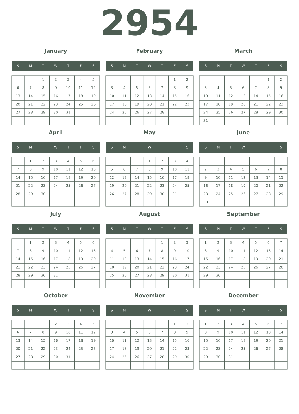 Printable 2954 Year Calendars feldgrau