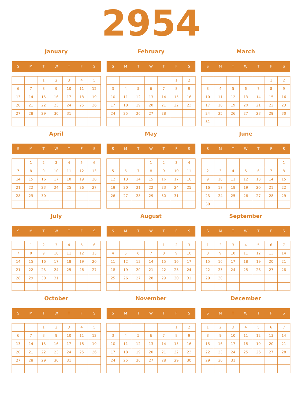 Printable 2954 Year Calendars orange