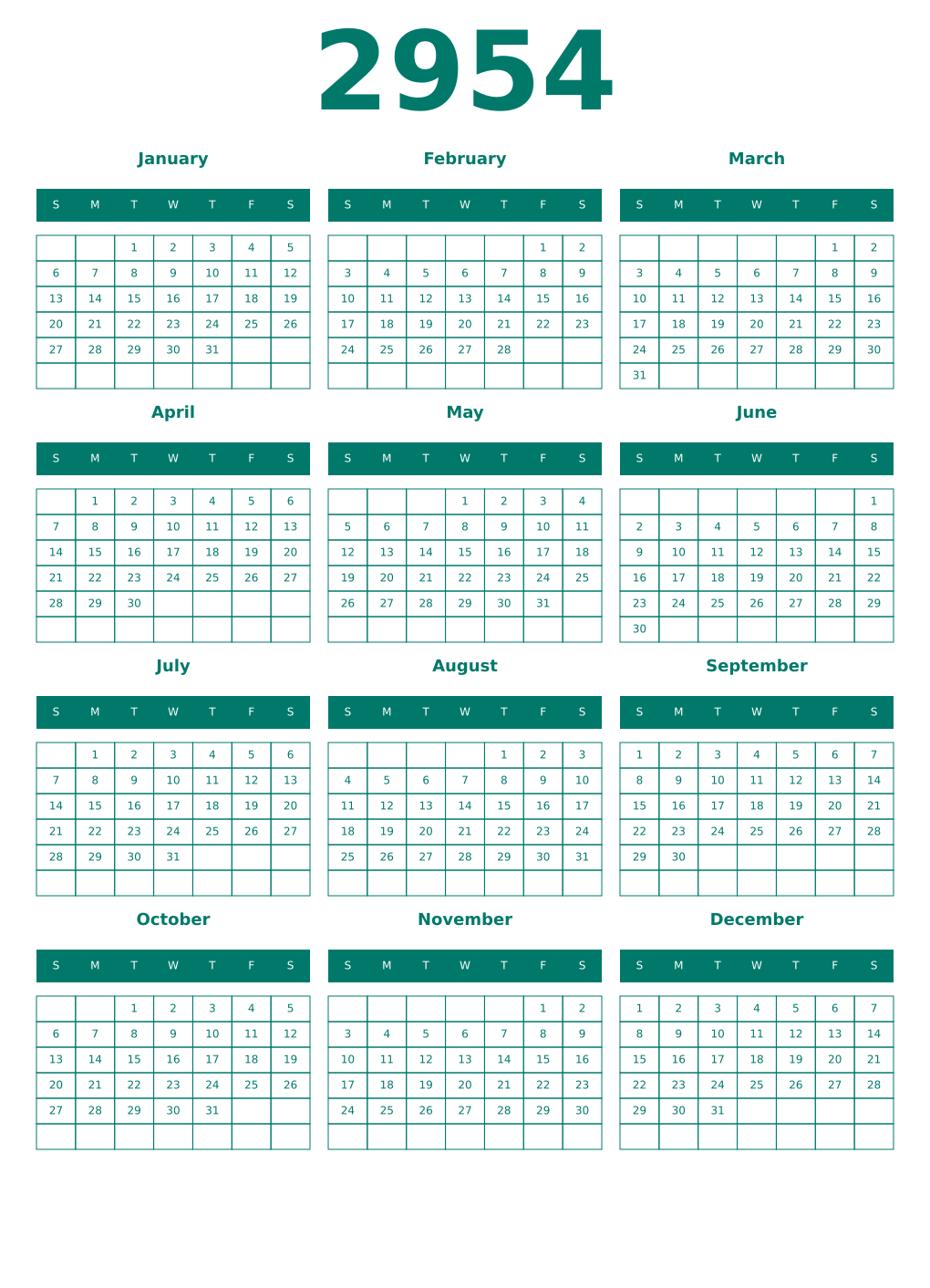 Printable 2954 Year Calendars pastel