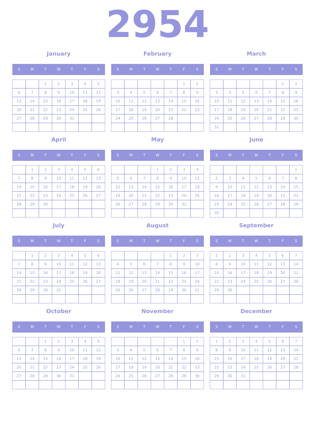 Printable 2954 Year Calendars periwinkle