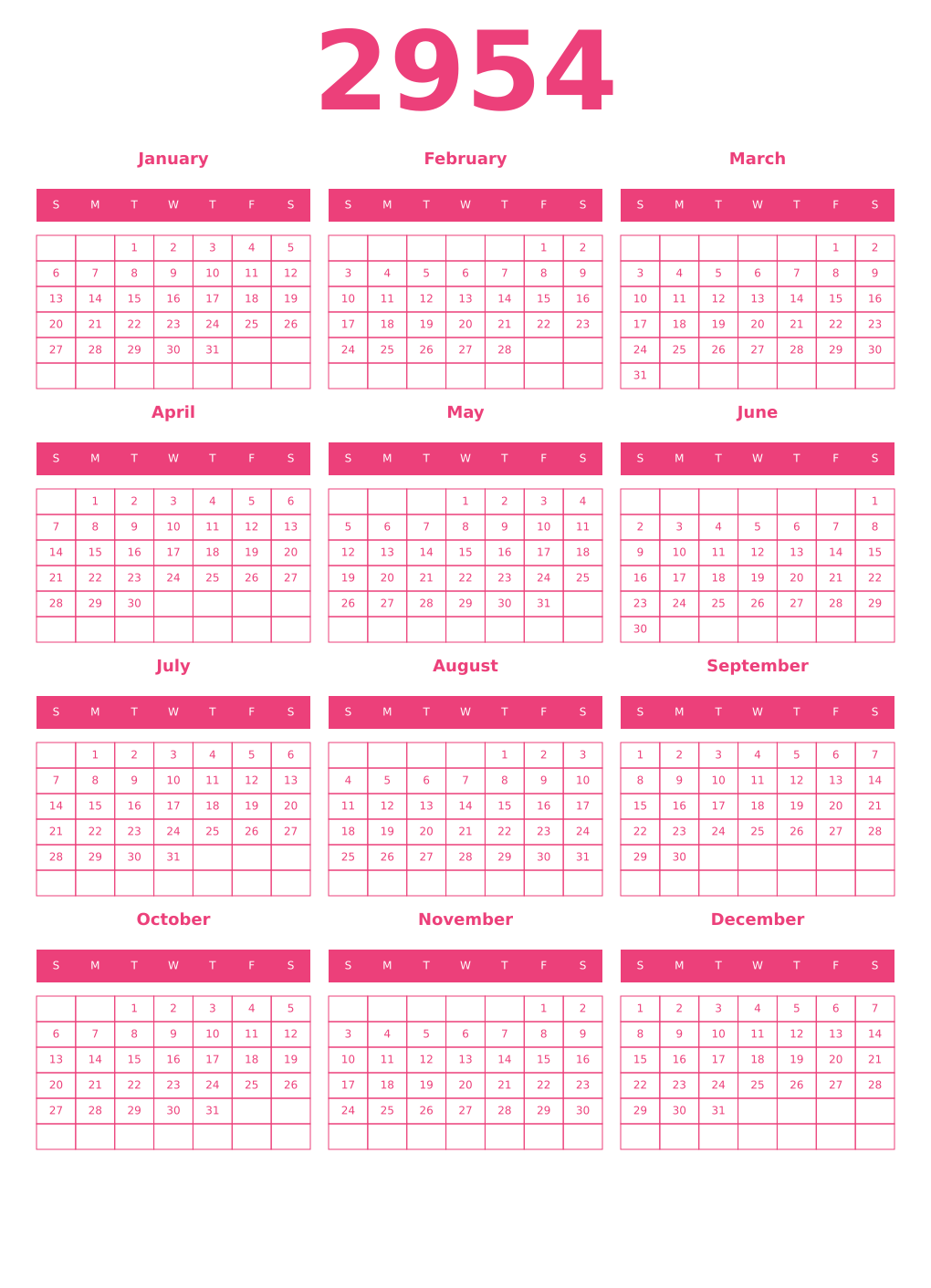 Printable 2954 Year Calendars pink