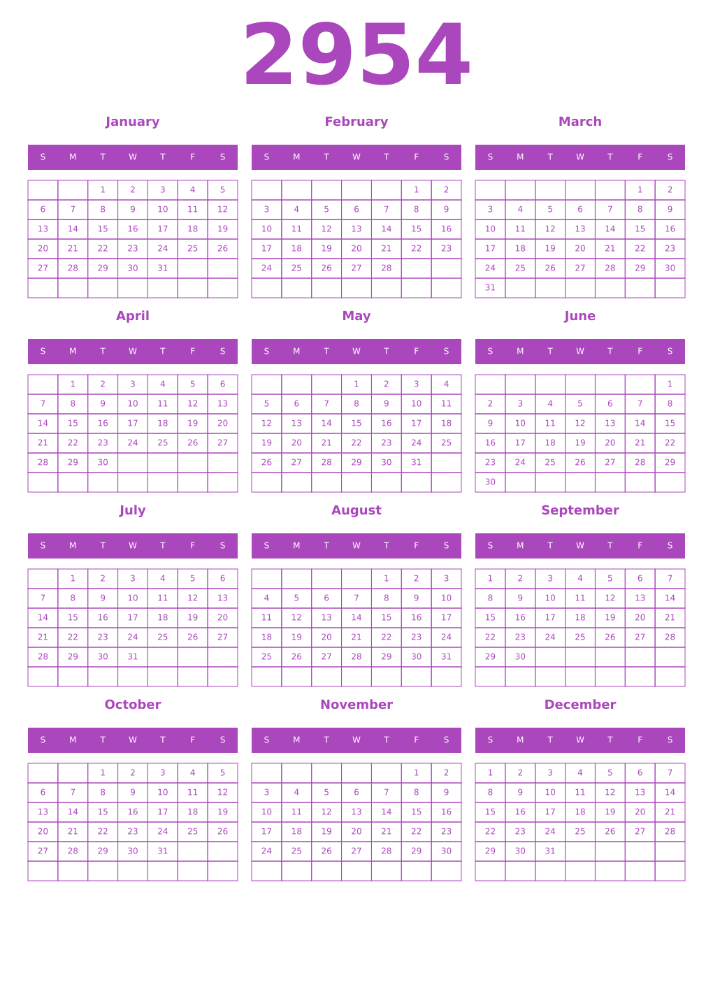Printable 2954 Year Calendars purple
