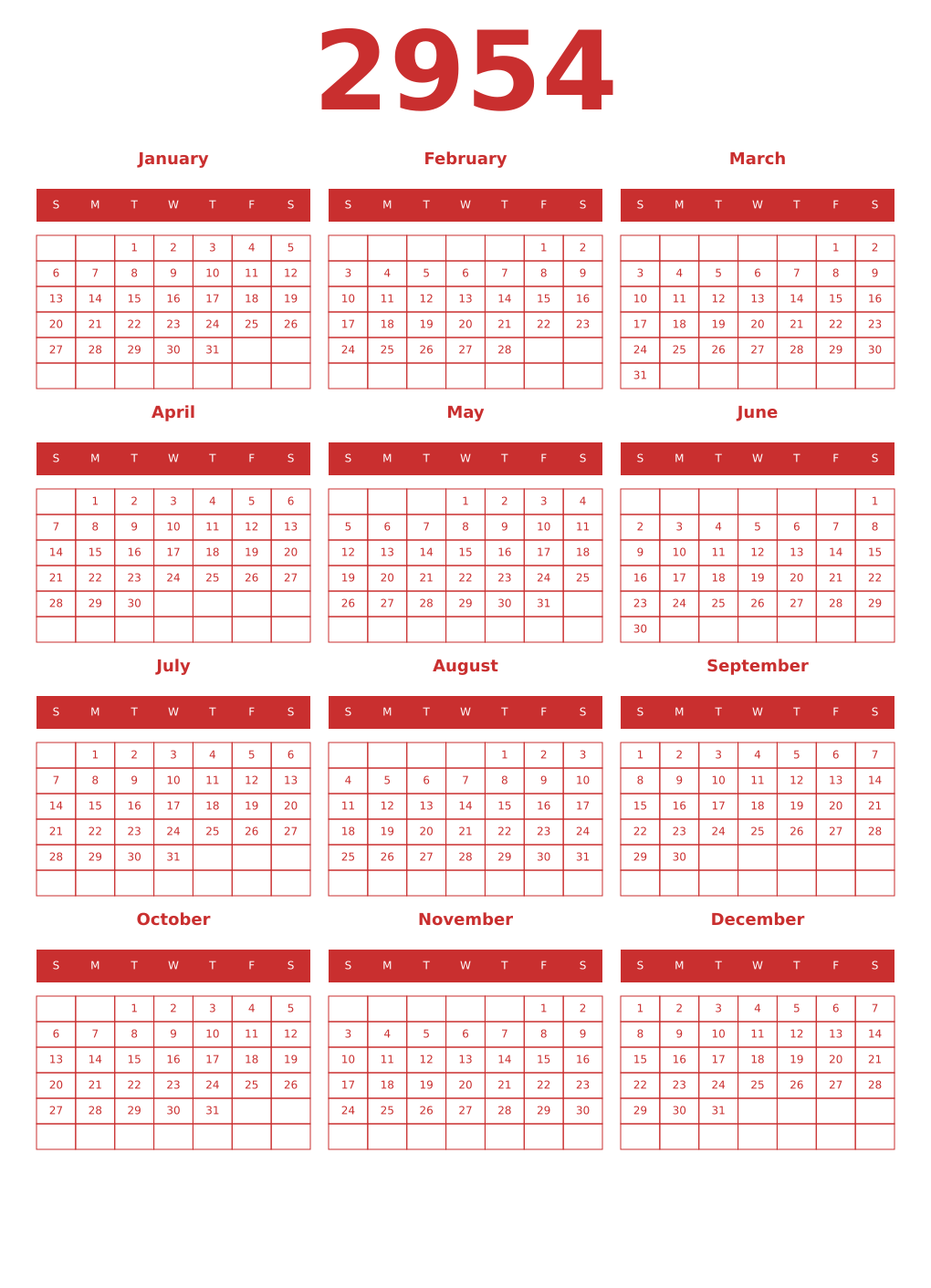 Printable 2954 Year Calendars red