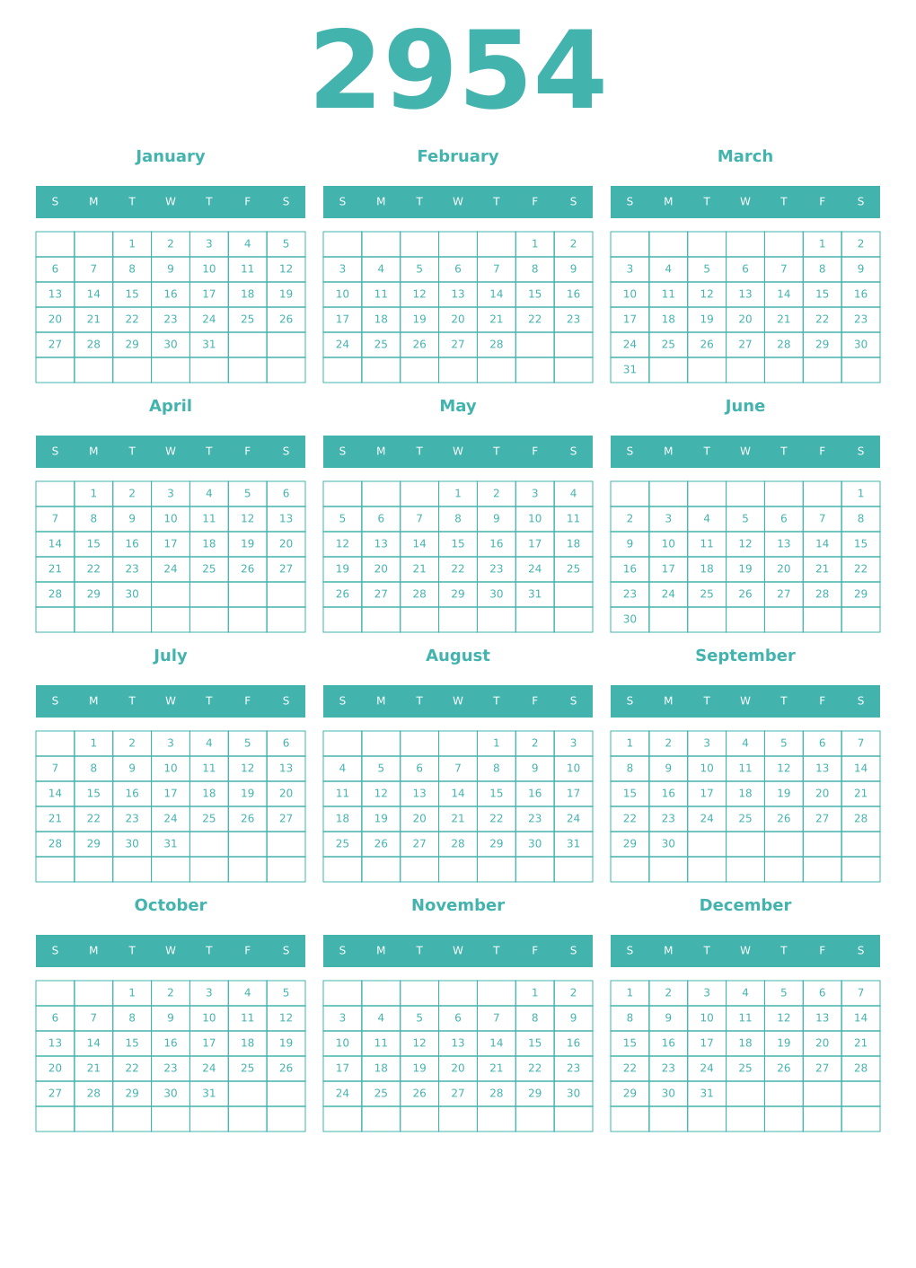 Printable 2954 Year Calendars verdigris