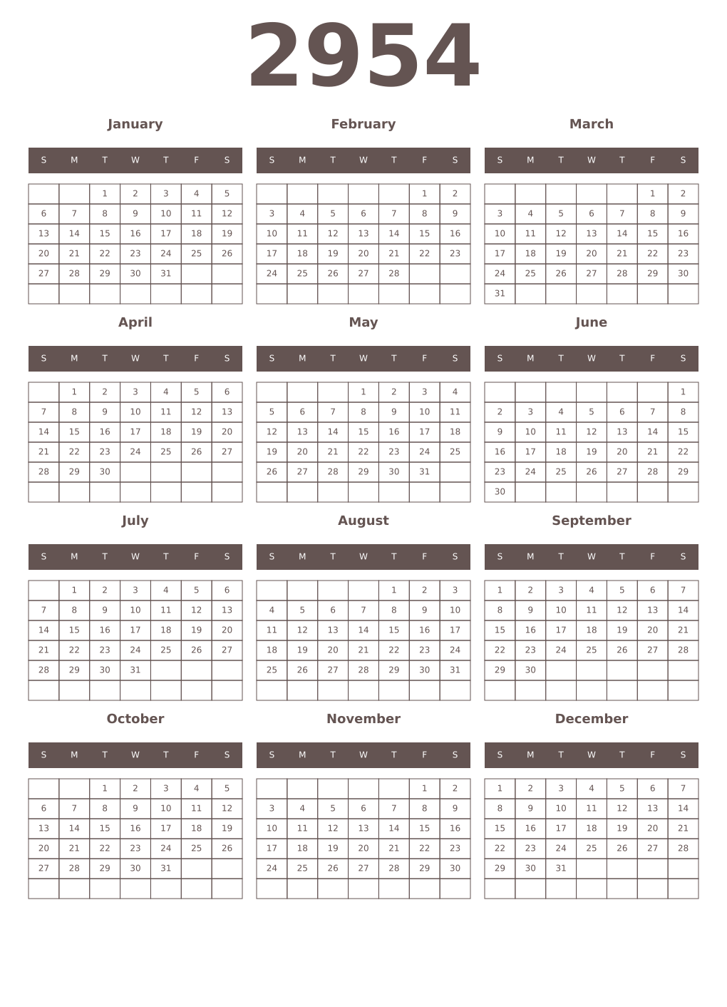 Printable 2954 Year Calendars wenge
