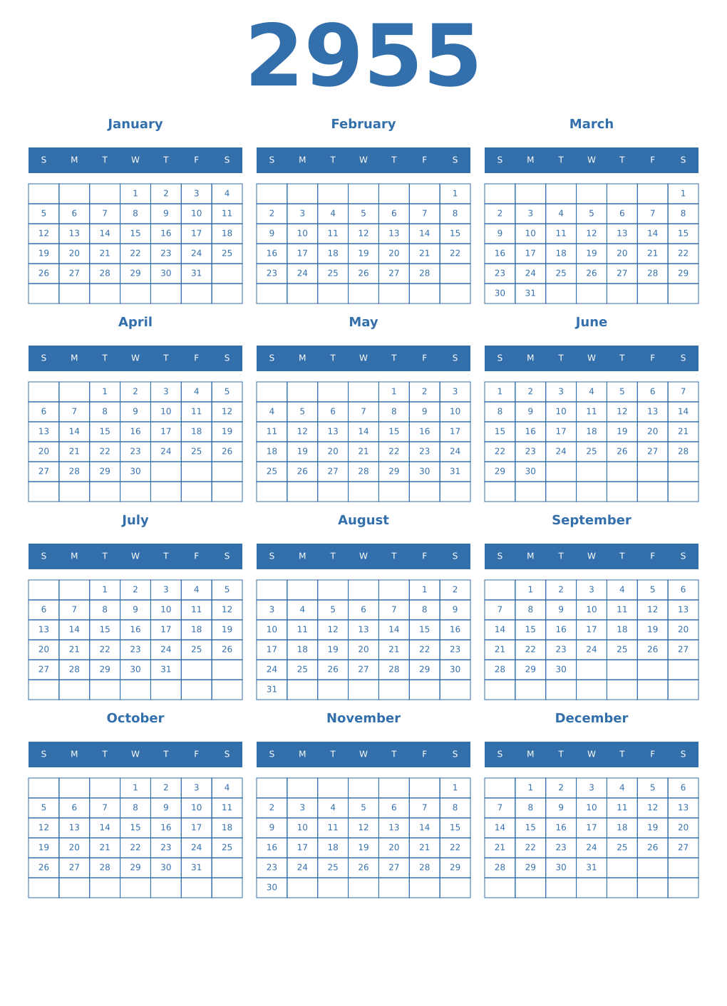 Printable 2955 Year Calendars blue