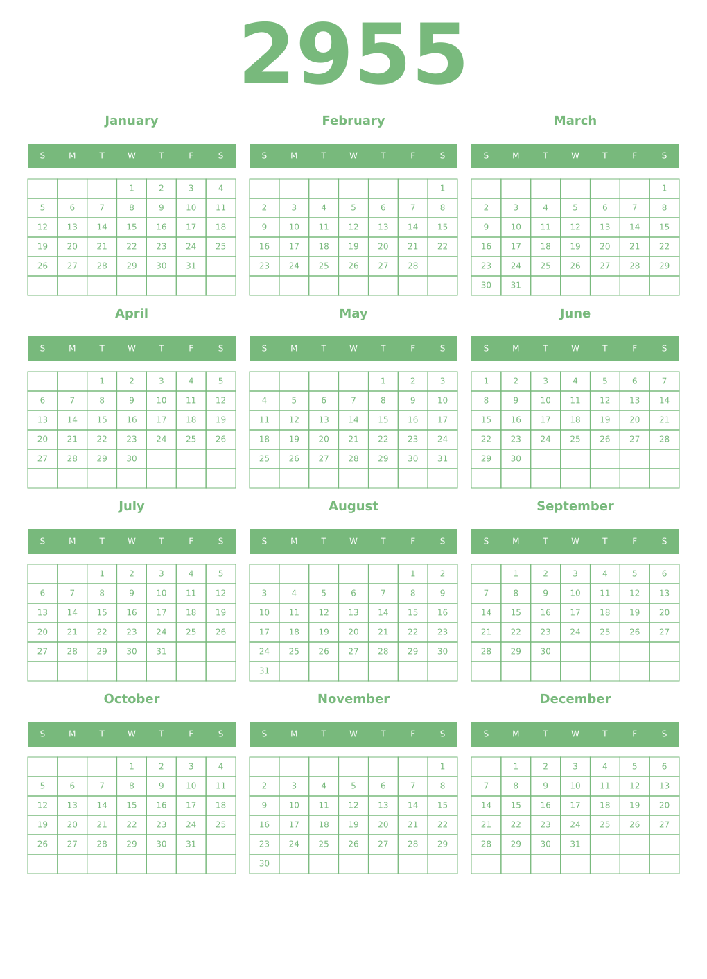 Printable 2955 Year Calendars celadon