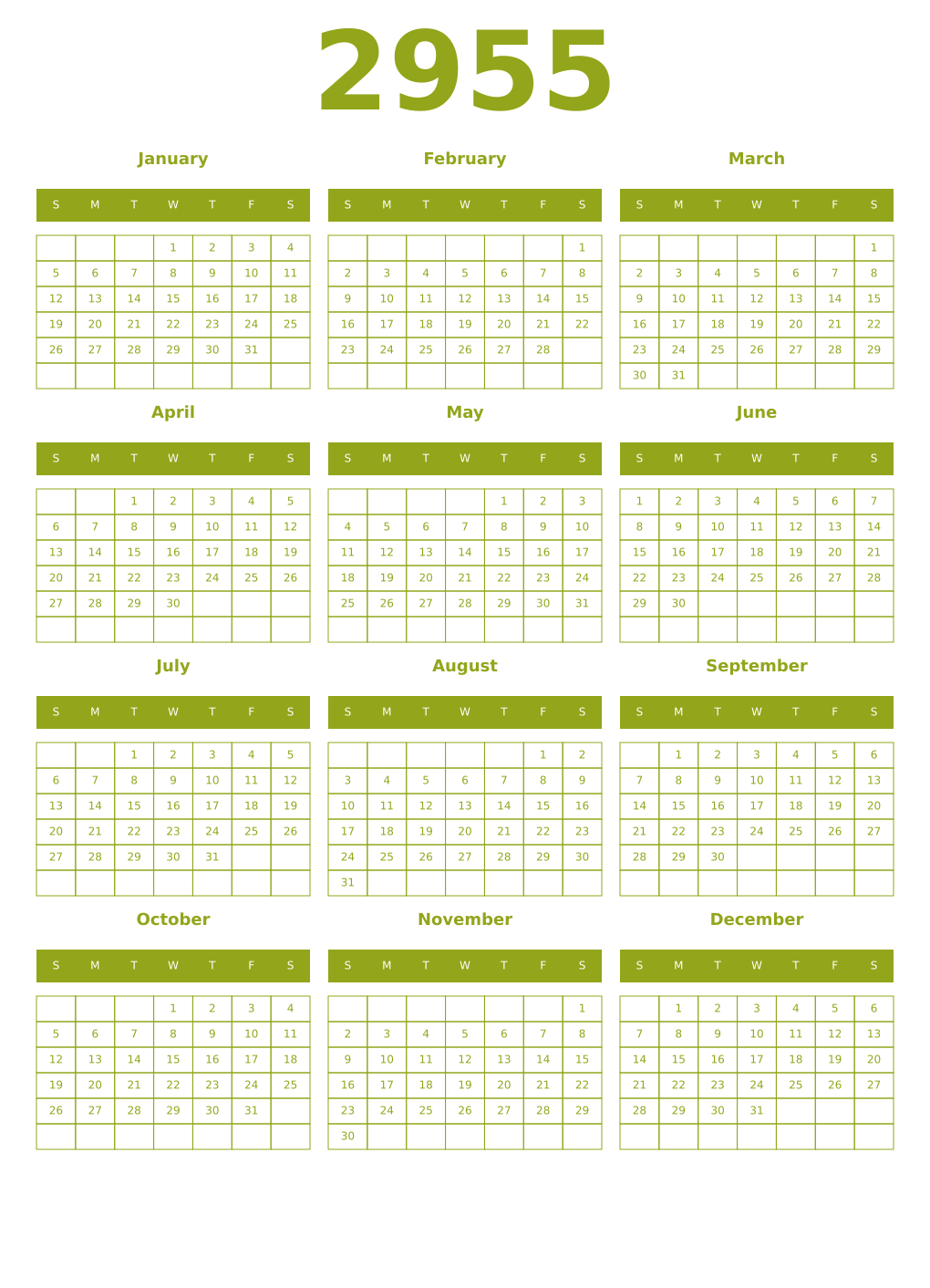 Printable 2955 Year Calendars chartreuse
