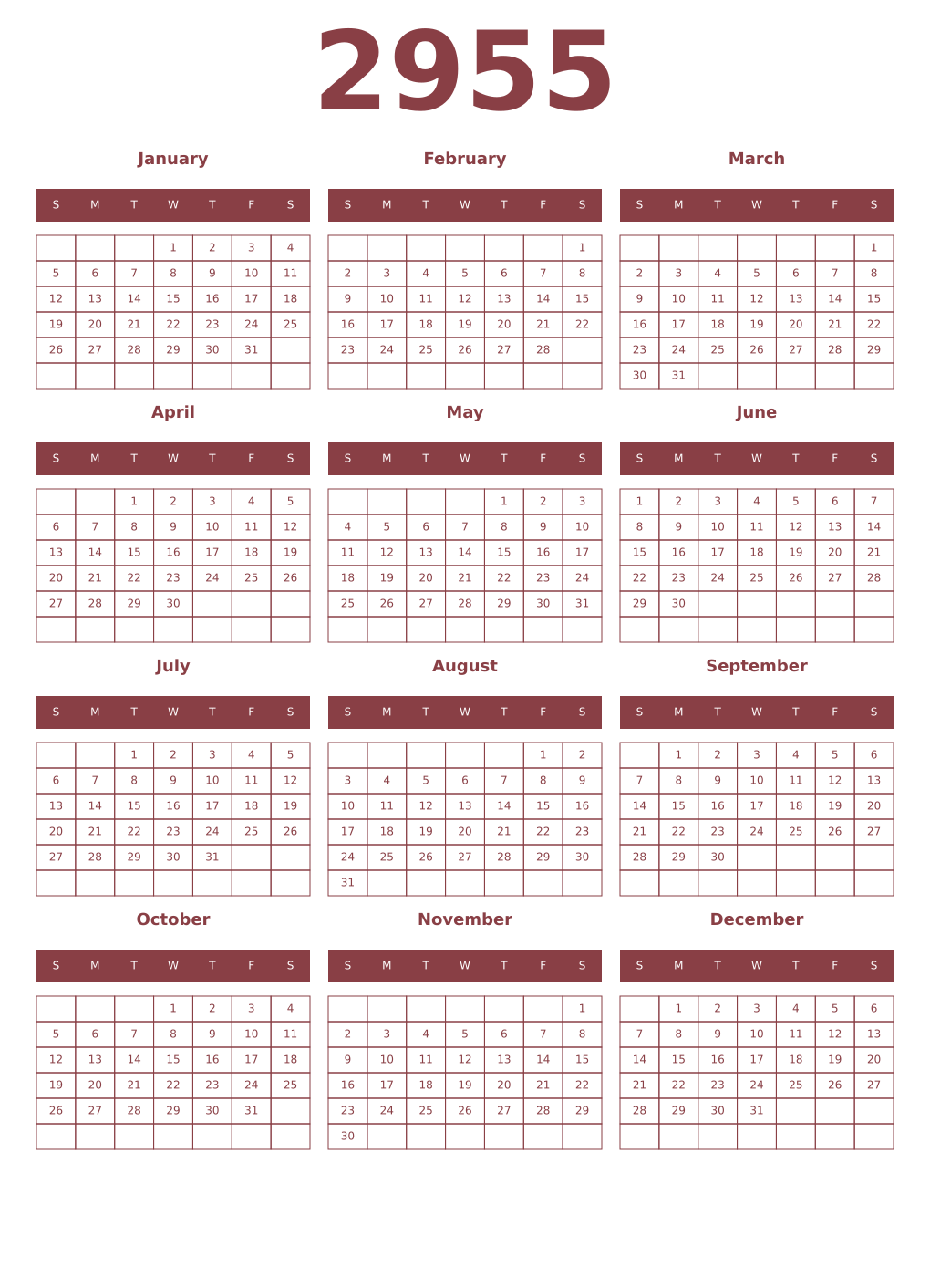 Printable 2955 Year Calendars cordovan