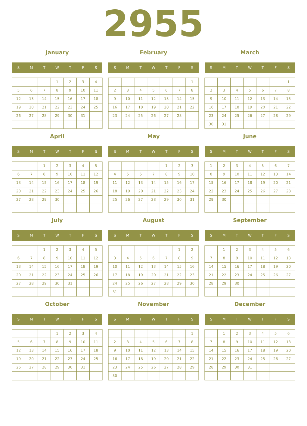 Printable 2955 Year Calendars eburnean
