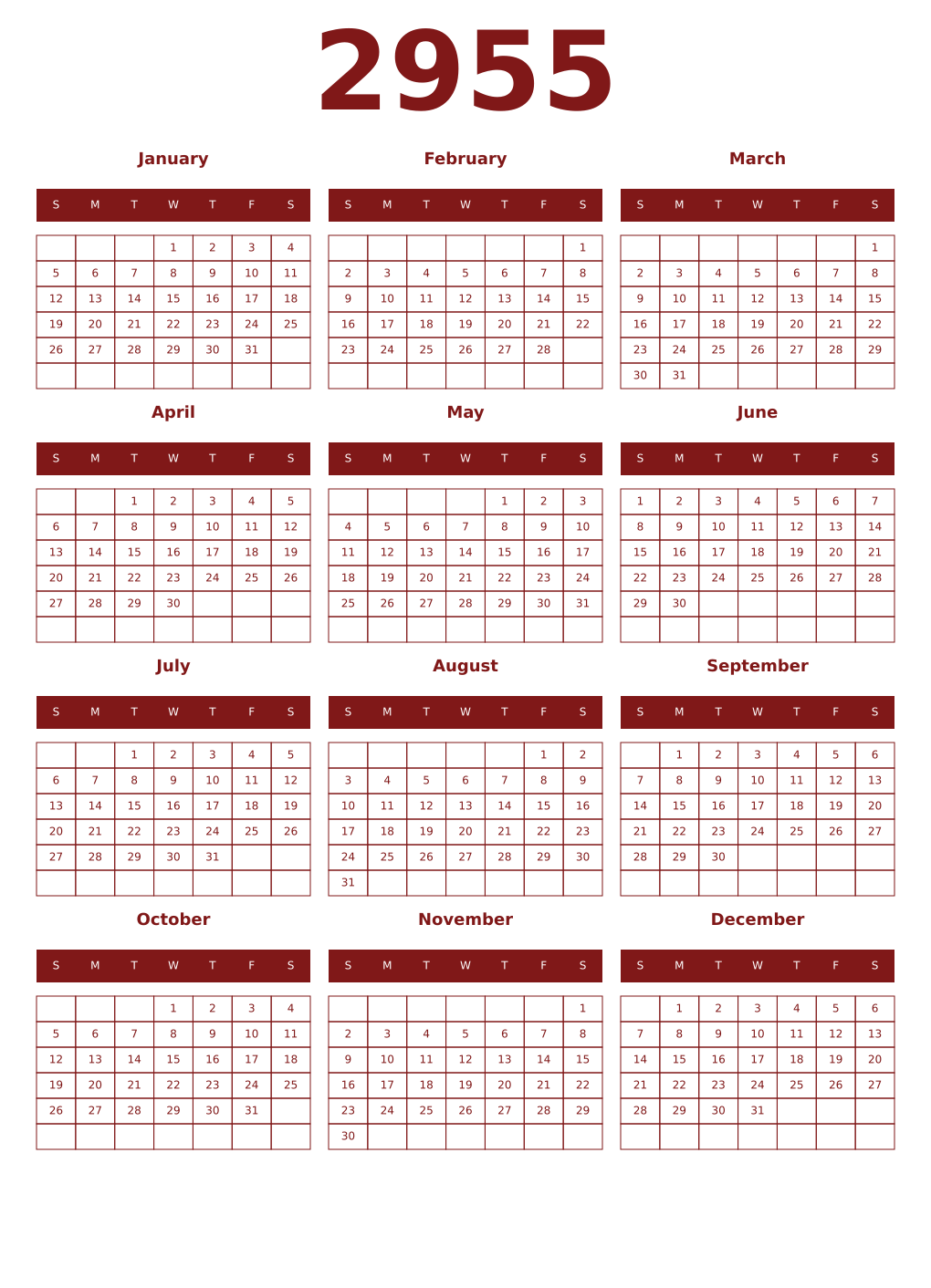 Printable 2955 Year Calendars falu