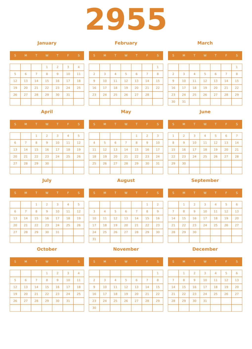 Printable 2955 Year Calendars orange