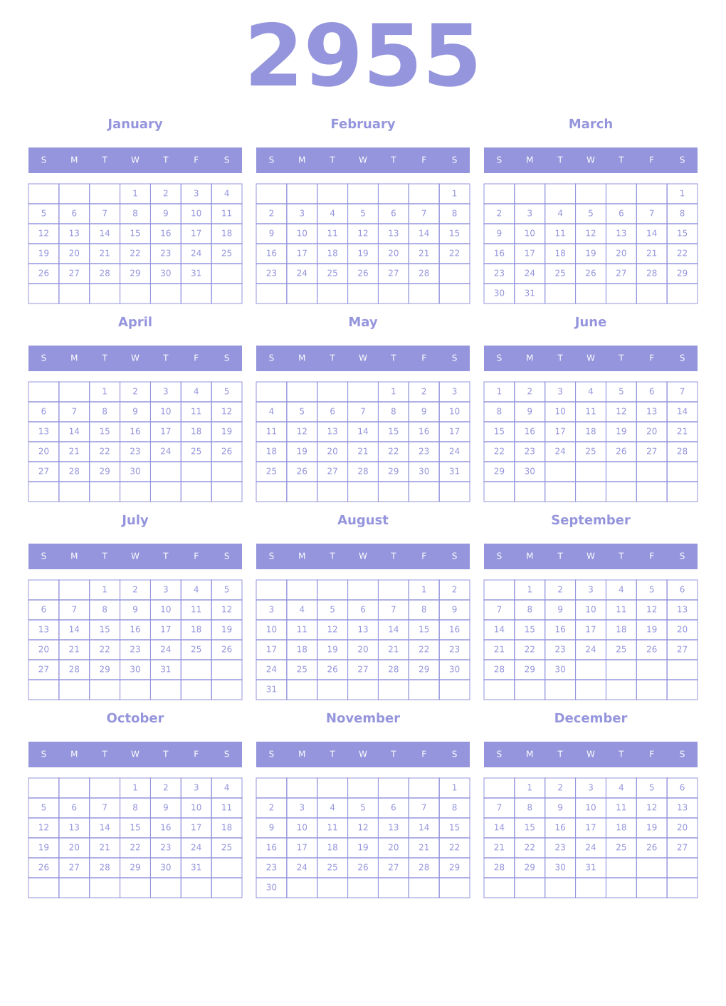 Printable 2955 Year Calendars periwinkle