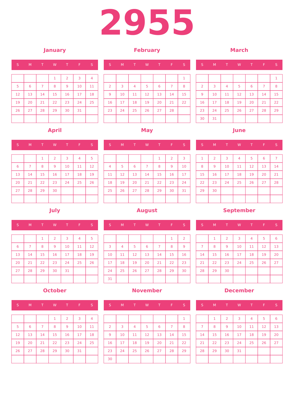 Printable 2955 Year Calendars pink