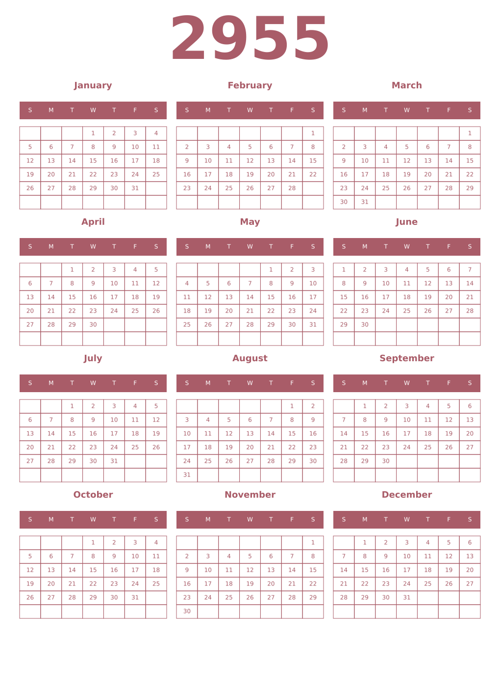 Printable 2955 Year Calendars puce