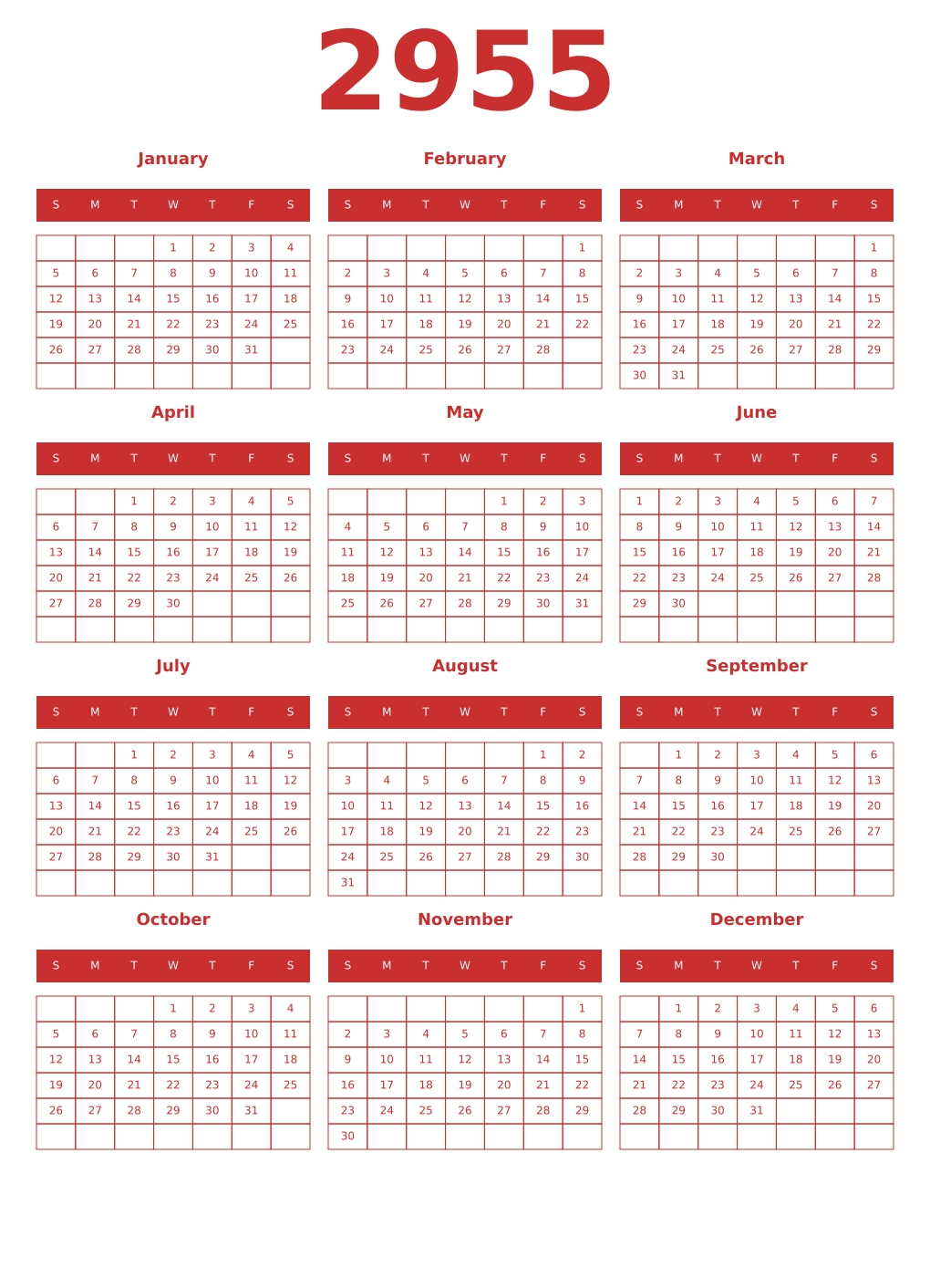 Printable 2955 Year Calendars red